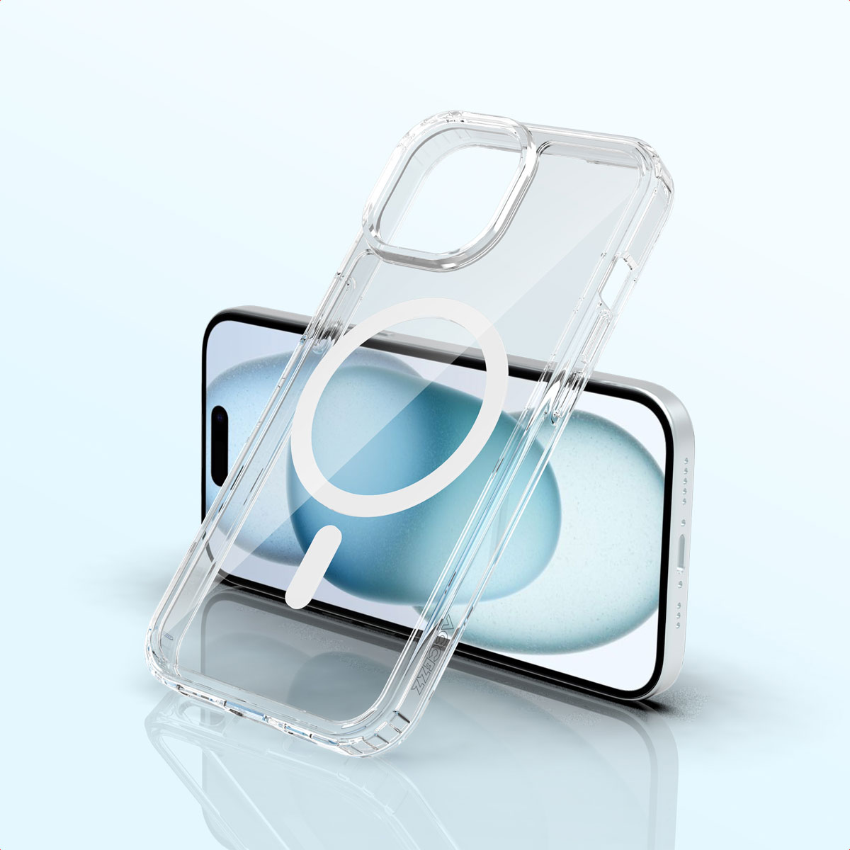 A clear phone case rests on a phone. The phone displays a blue and white background. Both are on a light blue surface.