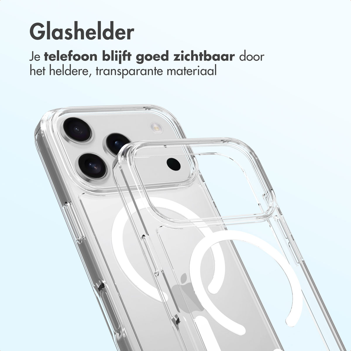 Una custodia trasparente per telefono su un telefono bianco. La custodia è trasparente, permettendo di vedere il design del telefono. Sfondo bianco.