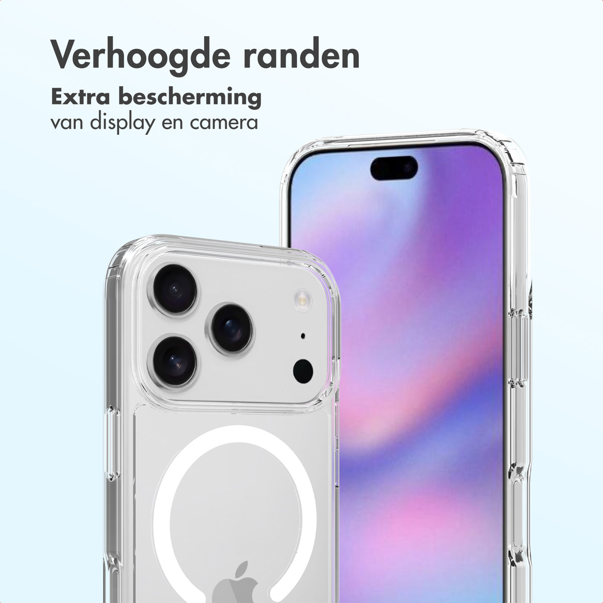Due custodie trasparenti per telefono che mostrano un telefono. Le custodie hanno bordi rialzati per la protezione dello schermo e della fotocamera.