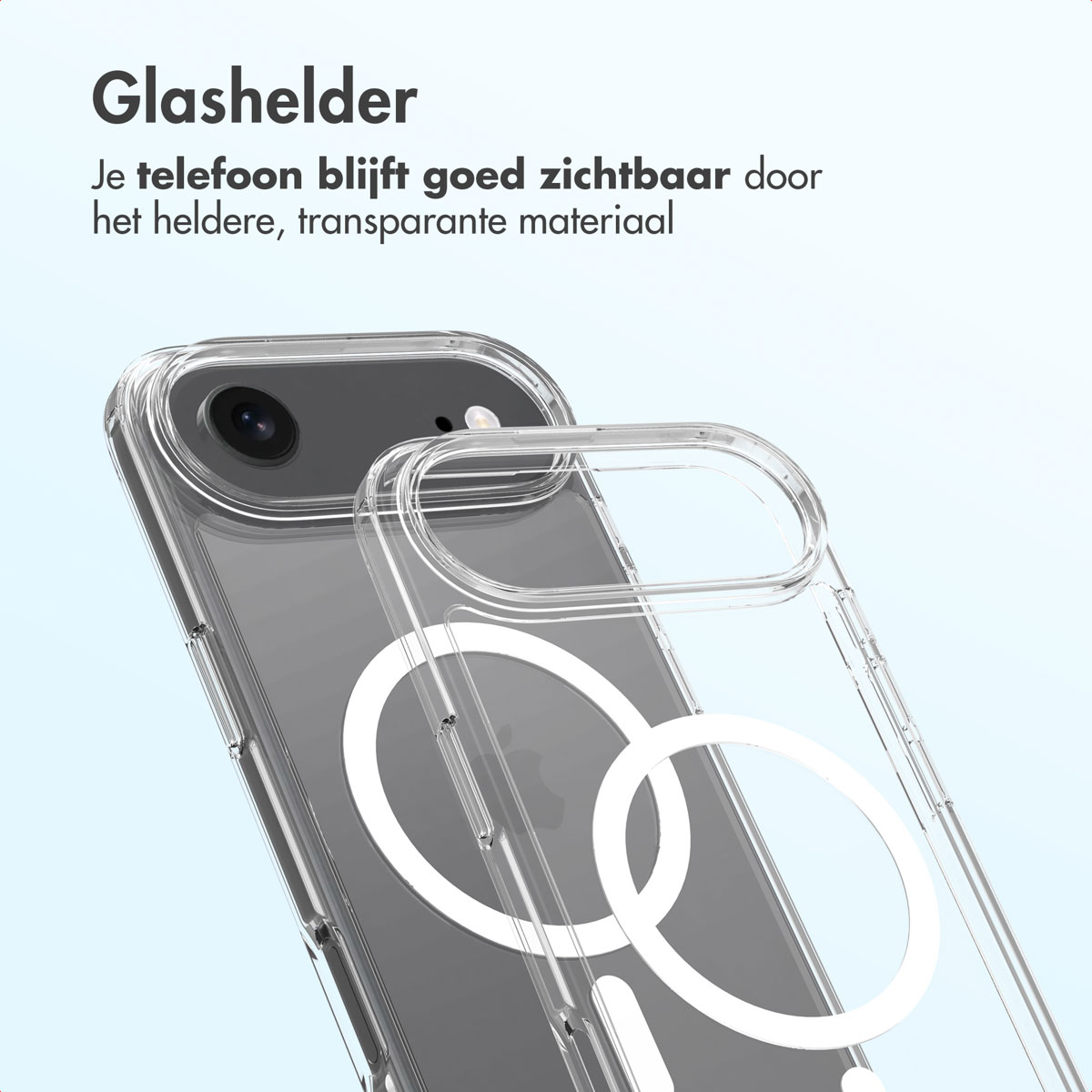 Een transparante telefoonhoes is afgebeeld over een telefoon, waardoor de zichtbaarheid van de telefoon wordt benadrukt. Witte cirkels op de hoes.