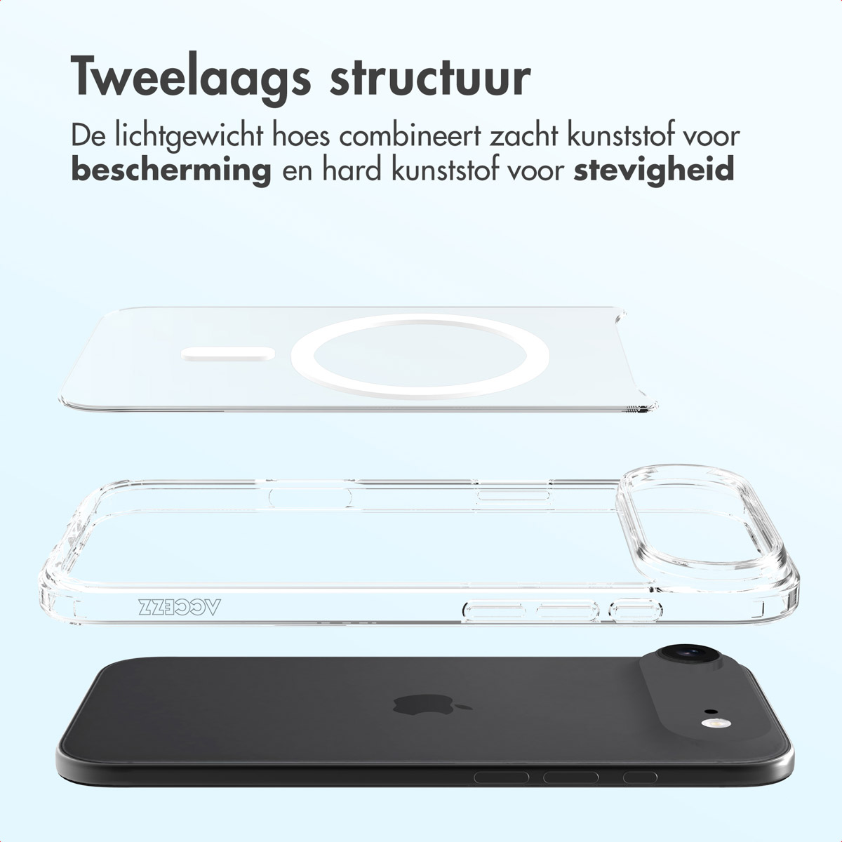 Afbeelding toont een telefoon met een doorzichtige hoes, delen gescheiden. Tekst: 'Twee-laags structuur'. Hoes is transparant, telefoon zwart.