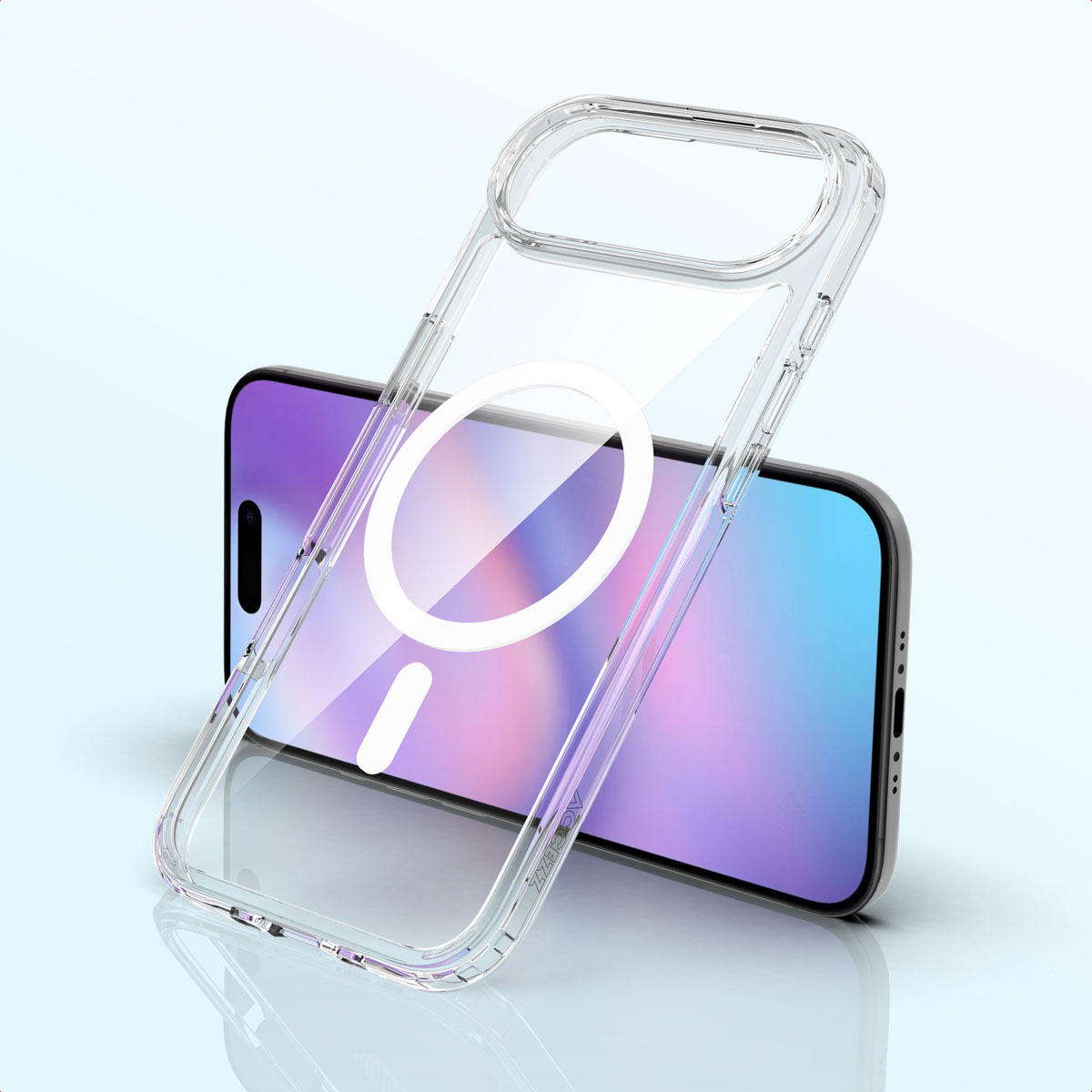 Transparante telefoonhoes over een telefoon met een paars en blauw scherm. De hoes heeft een witte magnetische cirkel.
