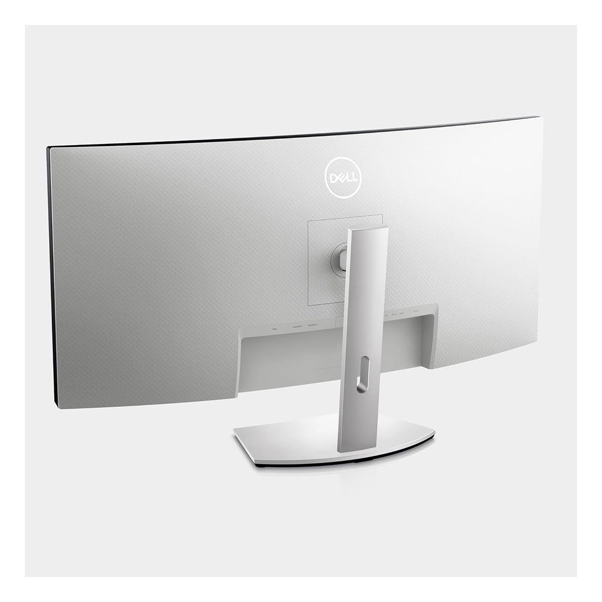 Widok z tyłu zakrzywionego monitora Dell, srebrno-biały, ze stojakiem. Widoczne logo Dell. Porty na dole.