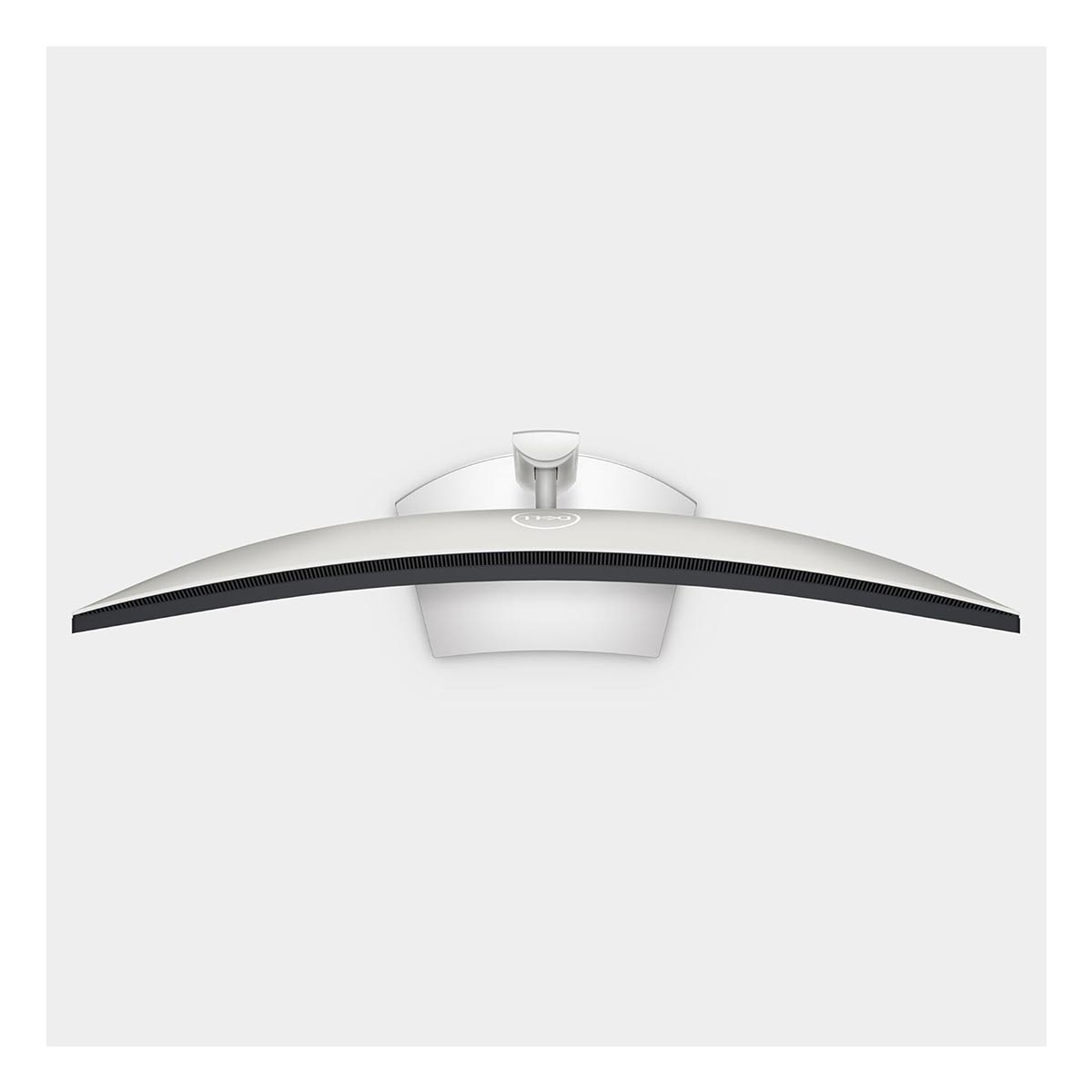 Widok z góry na zakrzywiony monitor komputera. Monitor jest srebrny, ma czarną dolną krawędź i białą podstawkę z logo Dell.