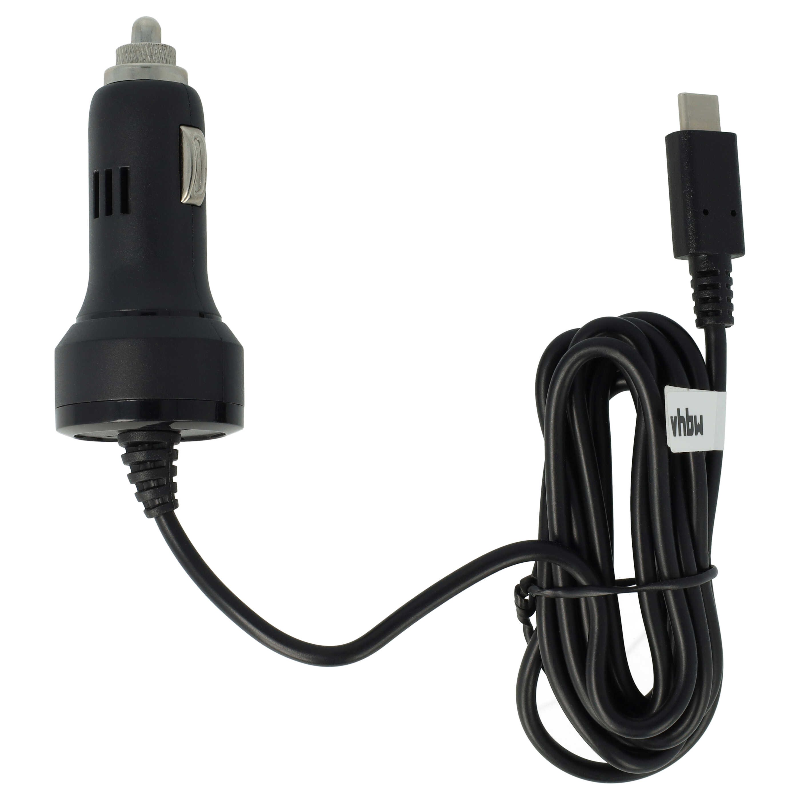 Schwarzes Autoladegerät mit USB-C-Kabel, aufgerollt. Das Ladegerät hat eine silberne Spitze.