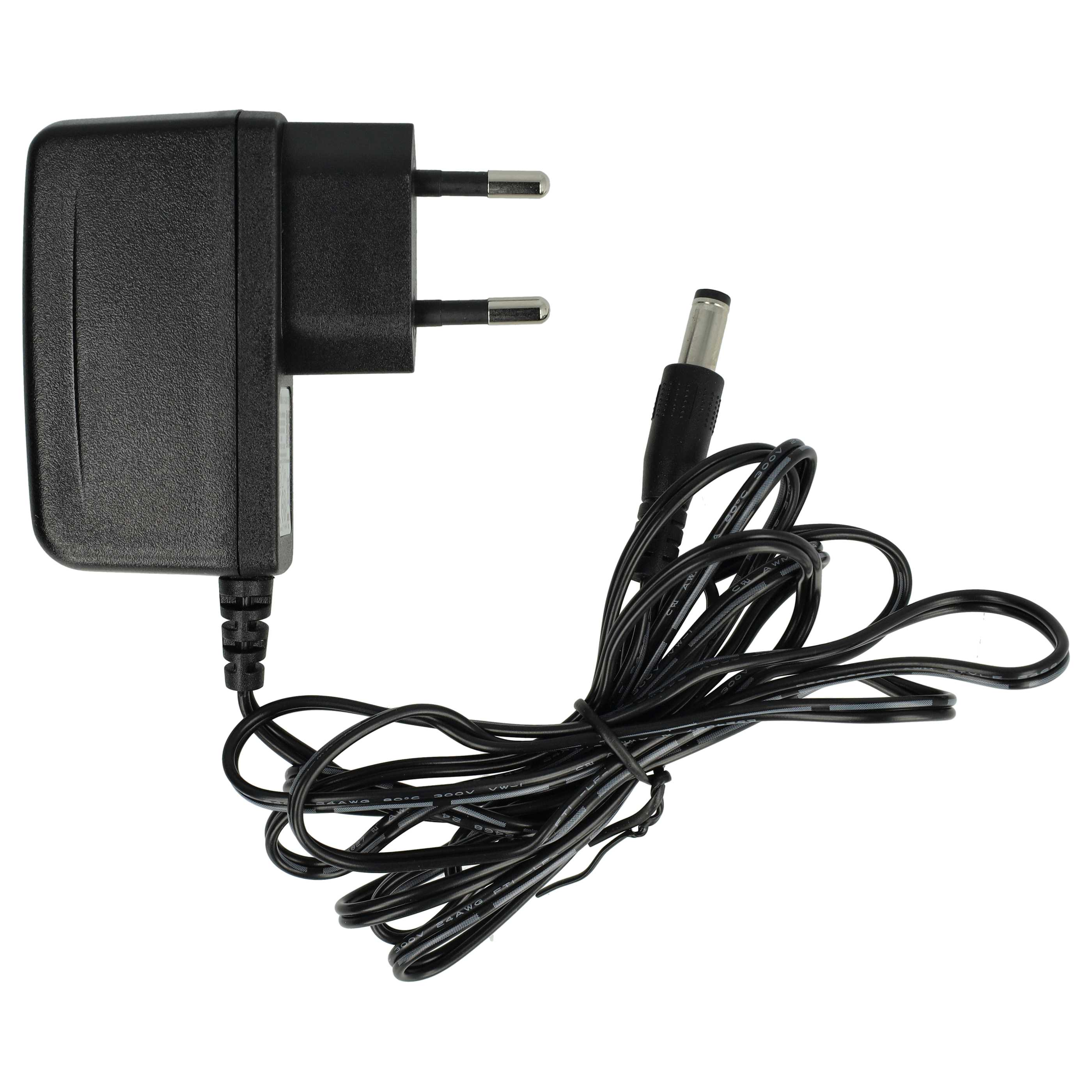 Ein schwarzes Netzteil mit Stecker, ein schwarzes Kabel und ein Gleichstromanschluss auf weißem Hintergrund.