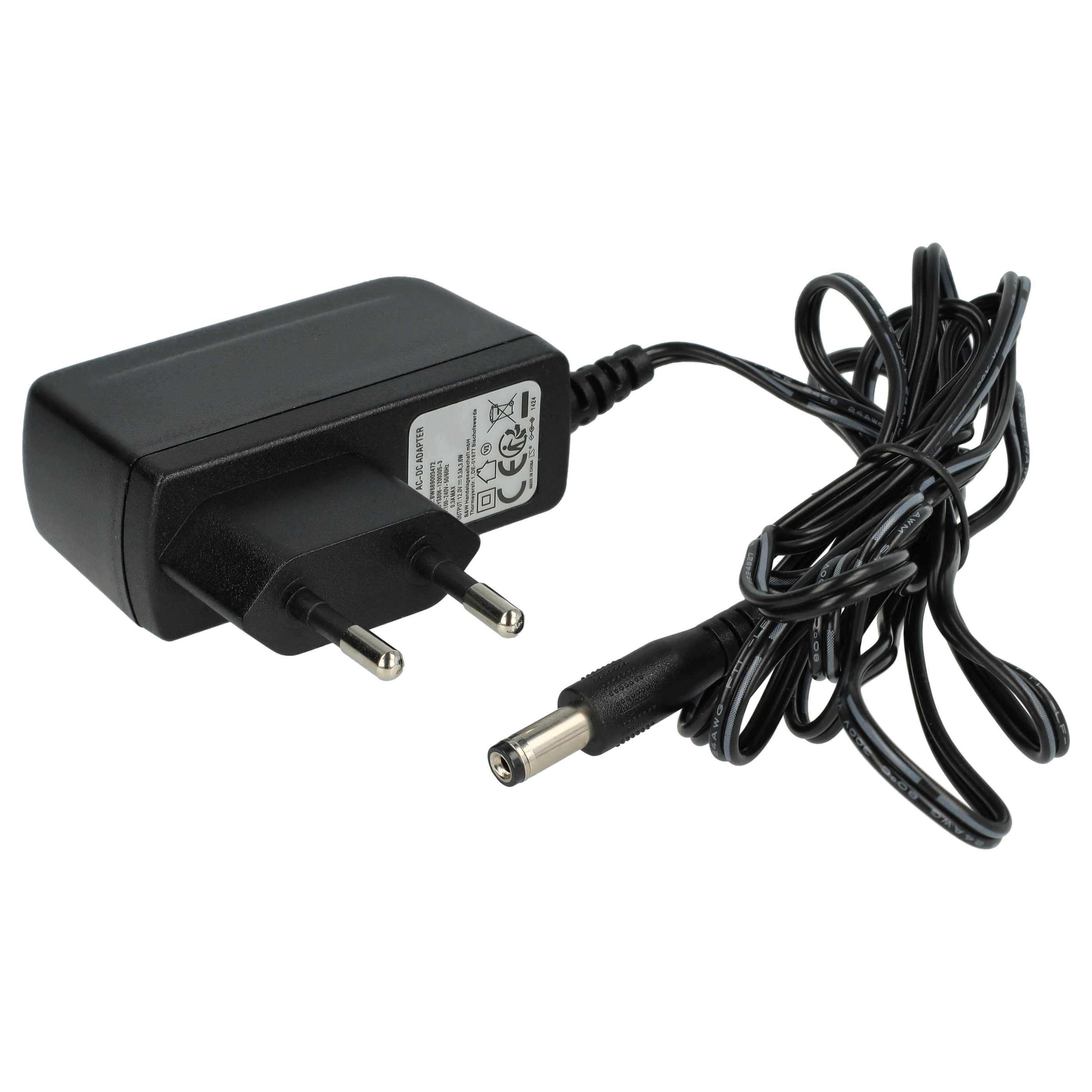 Ein schwarzer AC-DC-Adapter mit Stecker und schwarzem Kabel. Das Kabel hat einen DC-Anschluss. Weißer Hintergrund.