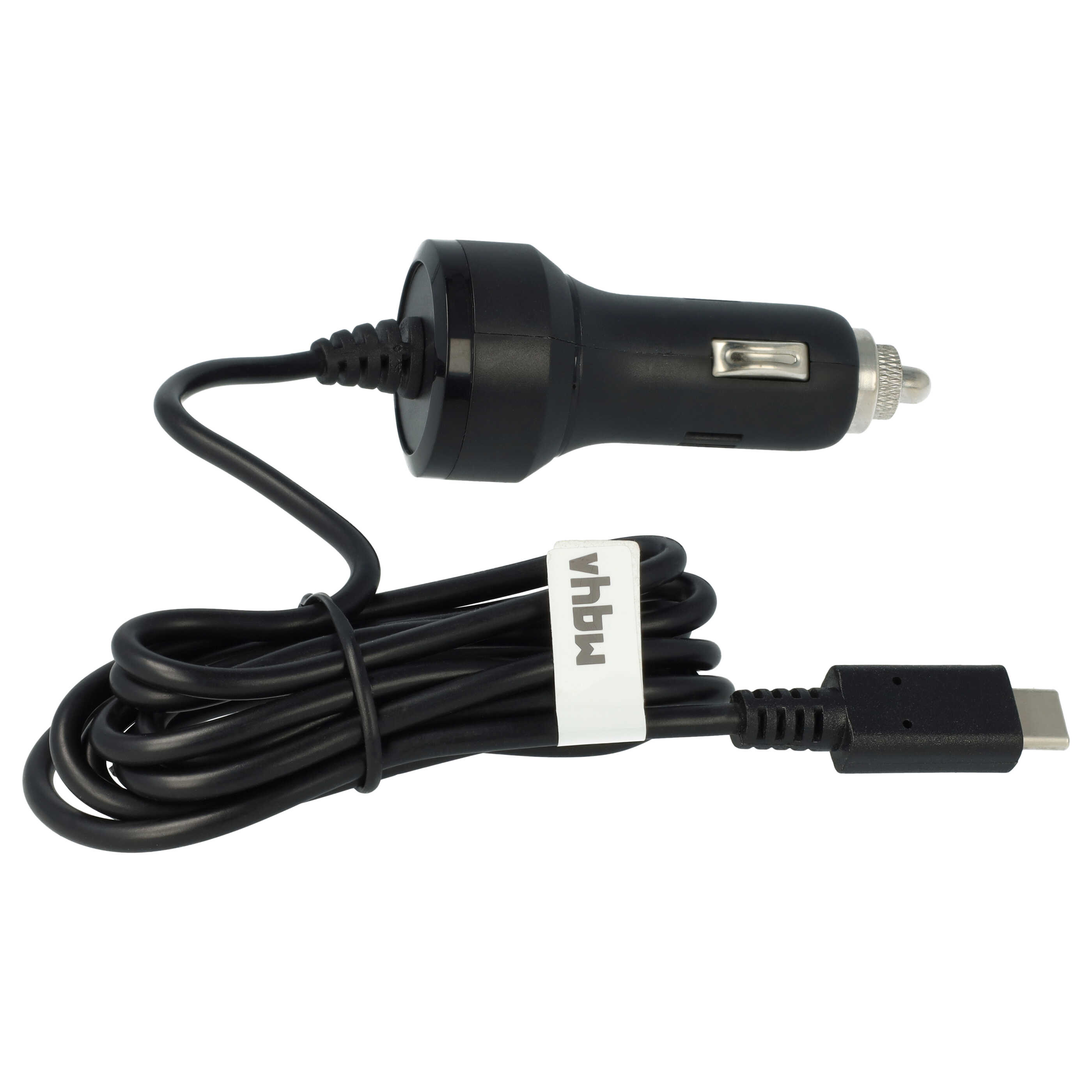 Schwarzes Autoladegerät mit USB-C-Anschluss. Das Ladegerät ist mit einem schwarzen Kabel verbunden. Weißer Hintergrund.