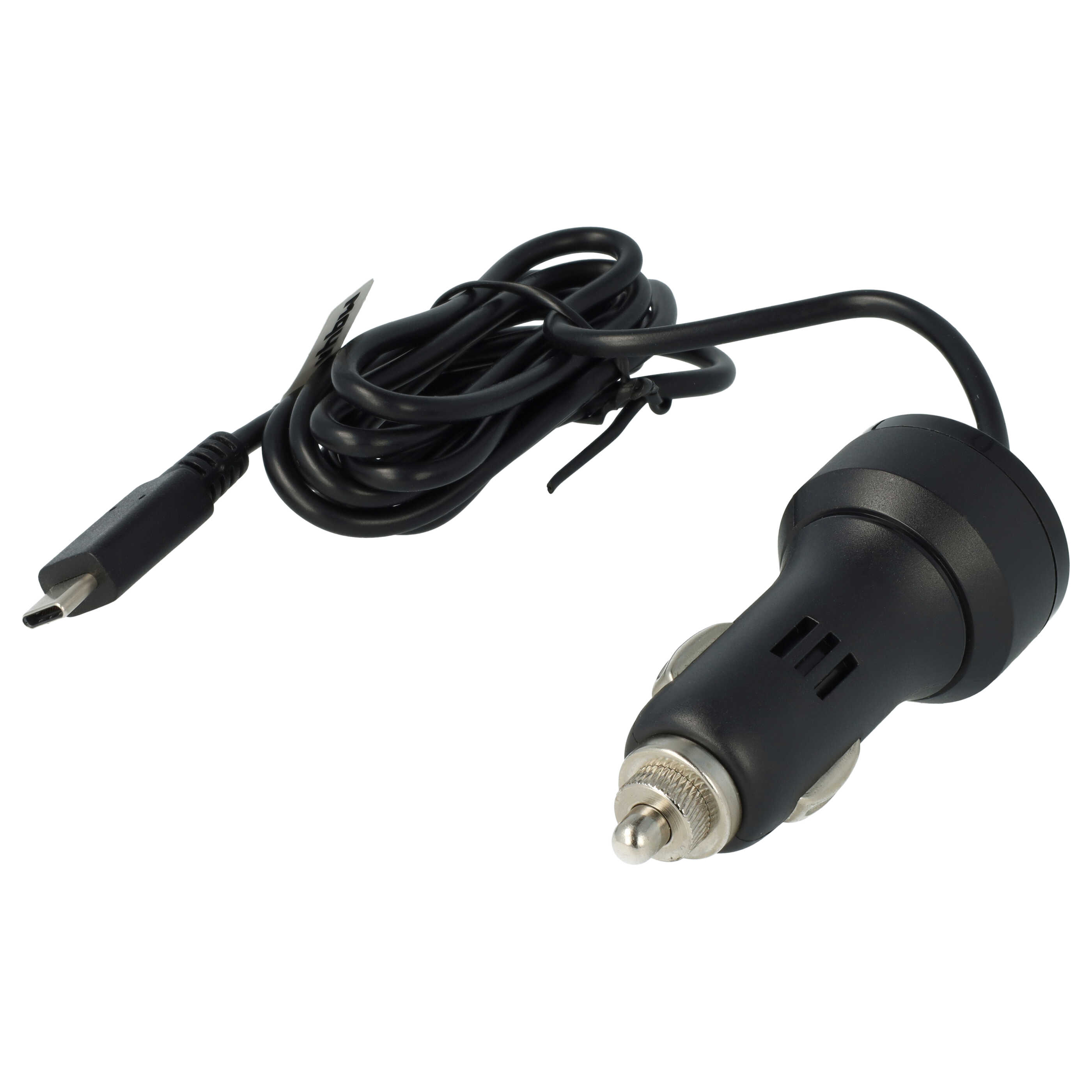 Ein schwarzes Autoladegerät mit USB-C-Kabel liegt auf weißem Hintergrund. Das Ladegerät hat eine Metallspitze.