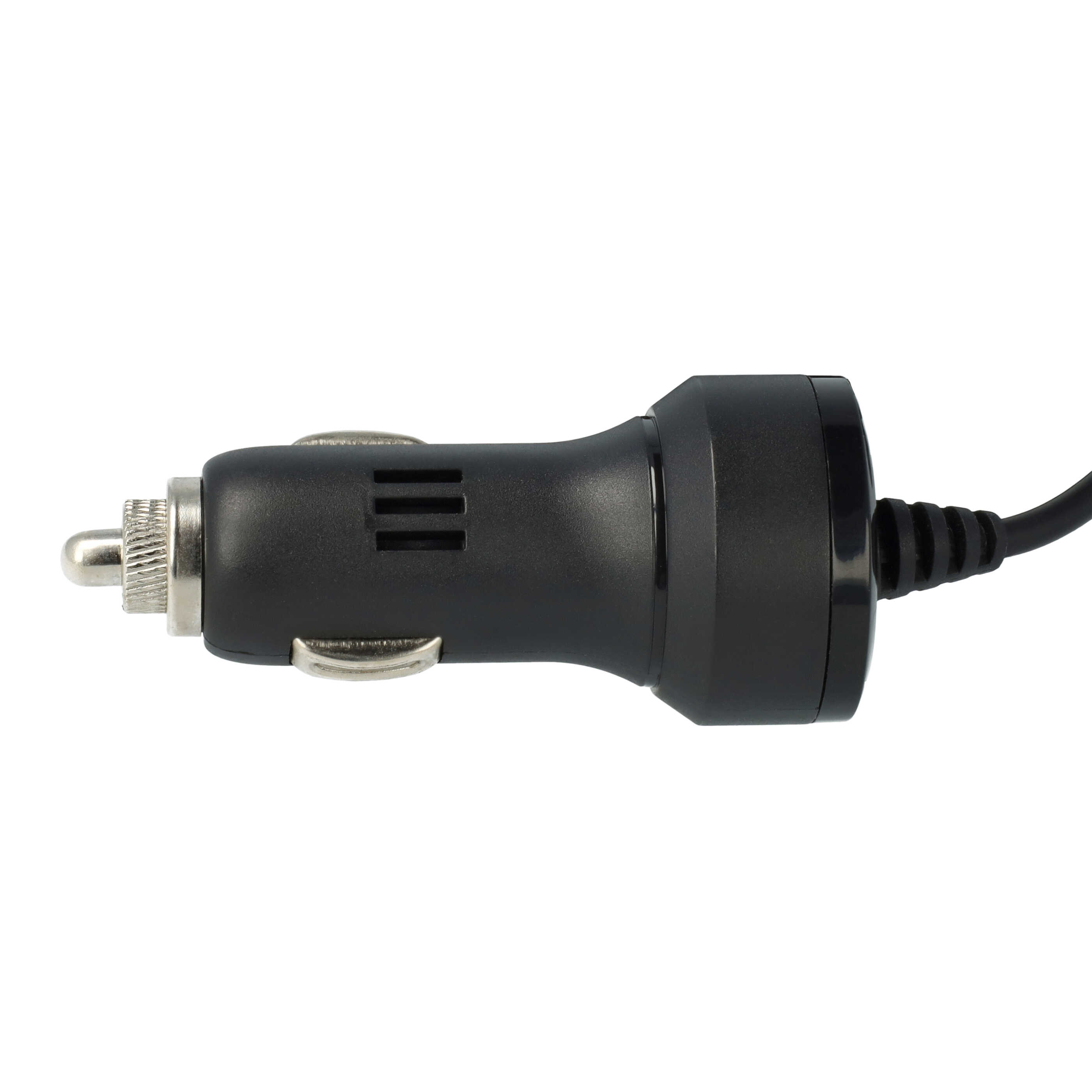 Ein schwarzes Autoladegerät mit silberner Spitze und drei horizontalen Linien. Ein schwarzes Kabel geht ab.