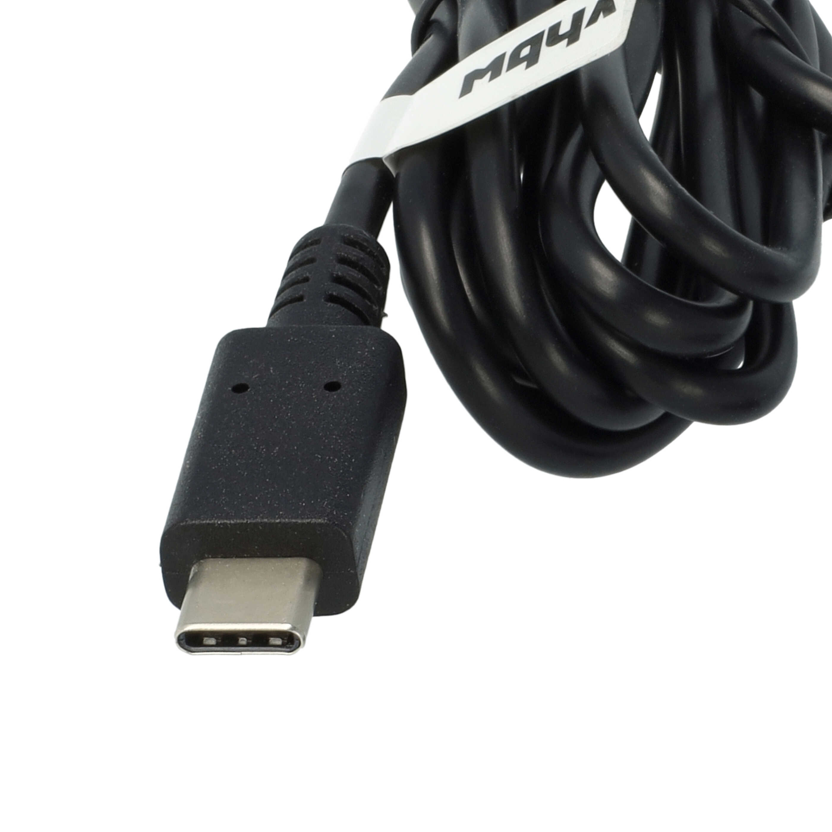 Ein schwarzes USB-C-Kabel mit Stecker, gewickeltem Kabel und einem weißen Etikett mit Logo.