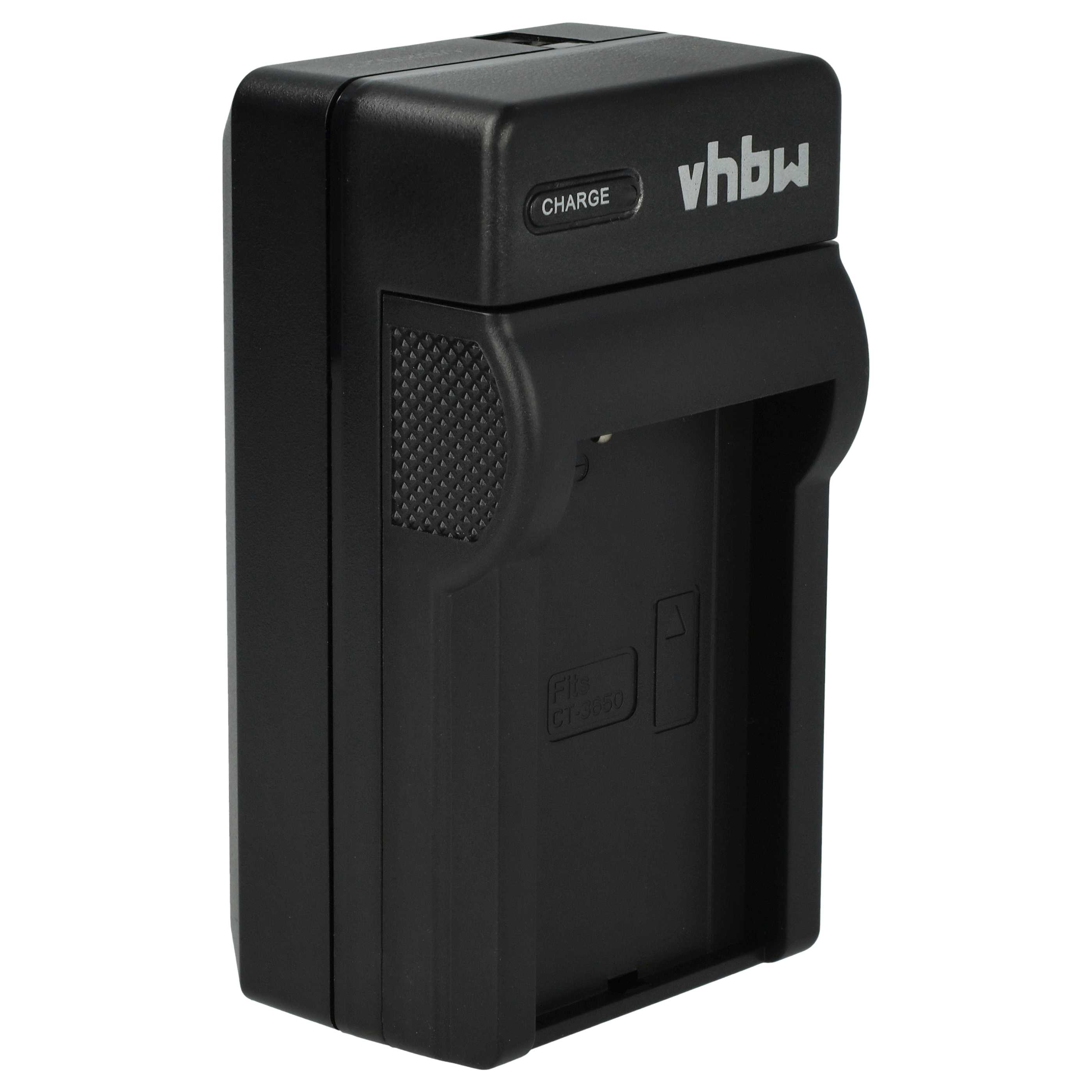 Schwarzes Batterieladegerät mit 'CHARGE'-Taste und 'vhbw'-Logo. Es hat einen Steckplatz und die Aufschrift 'Fits CT-3050'.