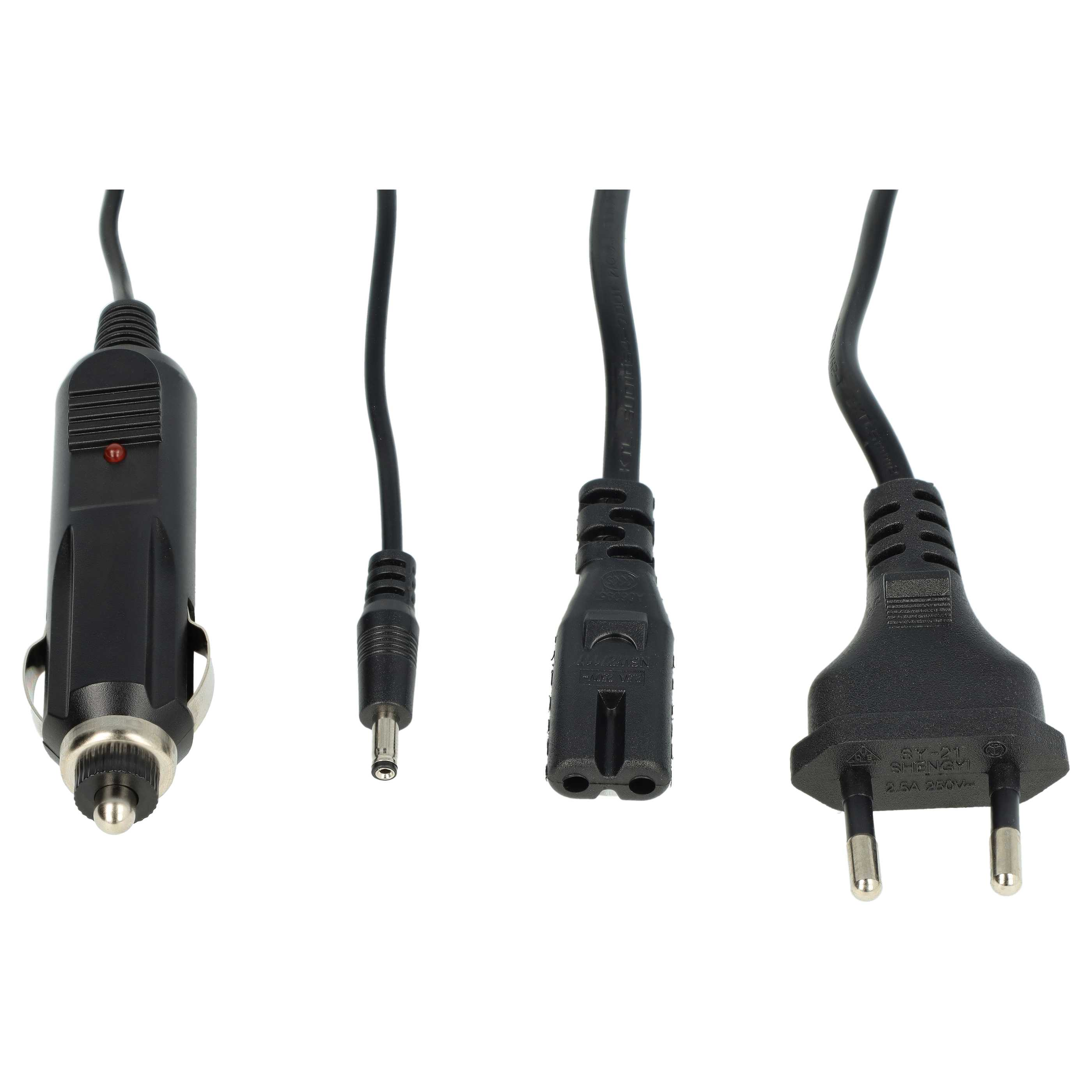 Drei schwarze Netzkabel mit verschiedenen Steckern: Auto-Adapter, DC-Buchse, Zweipolstecker.