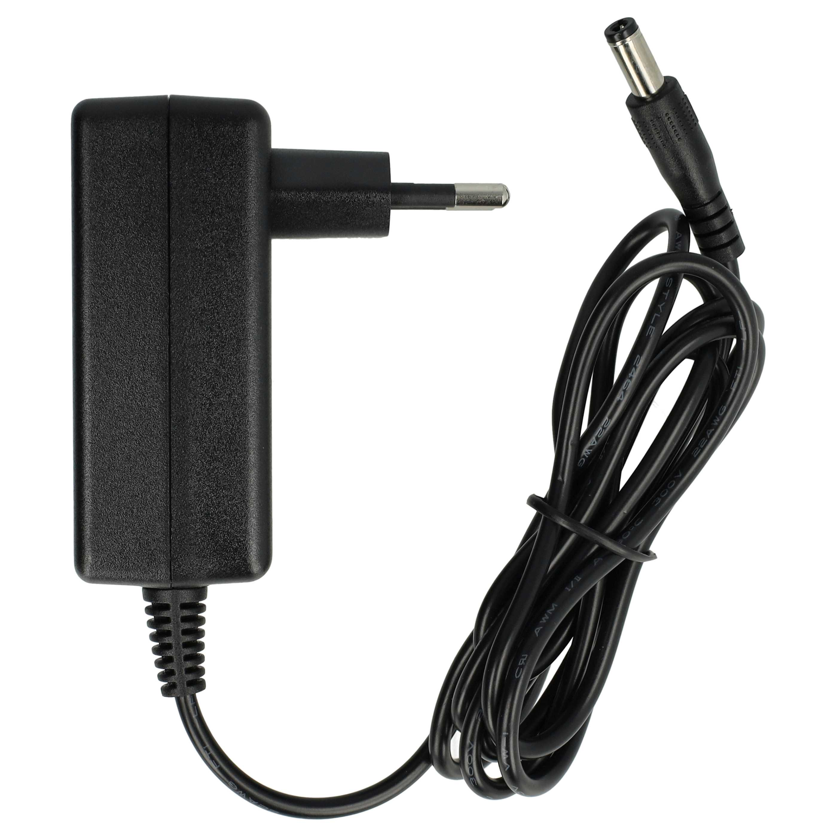 Ein schwarzes Netzteil mit Zweipolstecker und DC-Anschluss, verbunden durch ein schwarzes Kabel, auf weißem Hintergrund.
