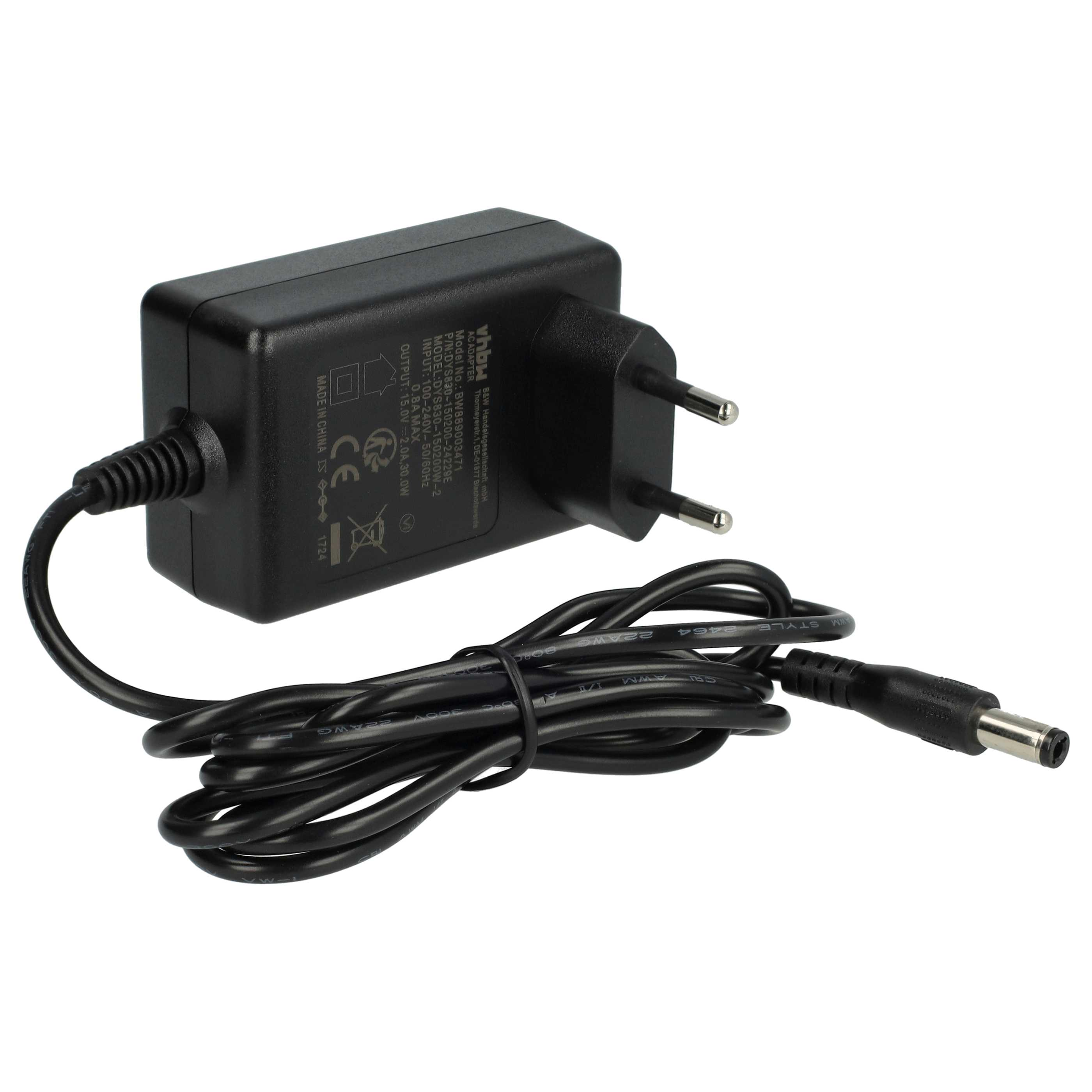 Schwarzes Netzteil mit schwarzem Kabel und Stecker. Der Adapter hat Textdetails. Weißer Hintergrund.