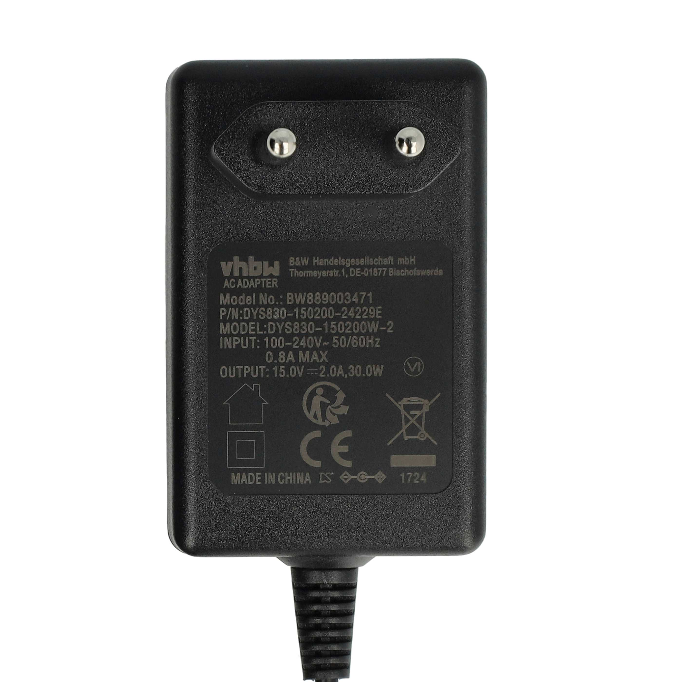Schwarzer AC-Adapter mit silbernen Stiften und gedrucktem Text. Enthält Marke und technische Daten.