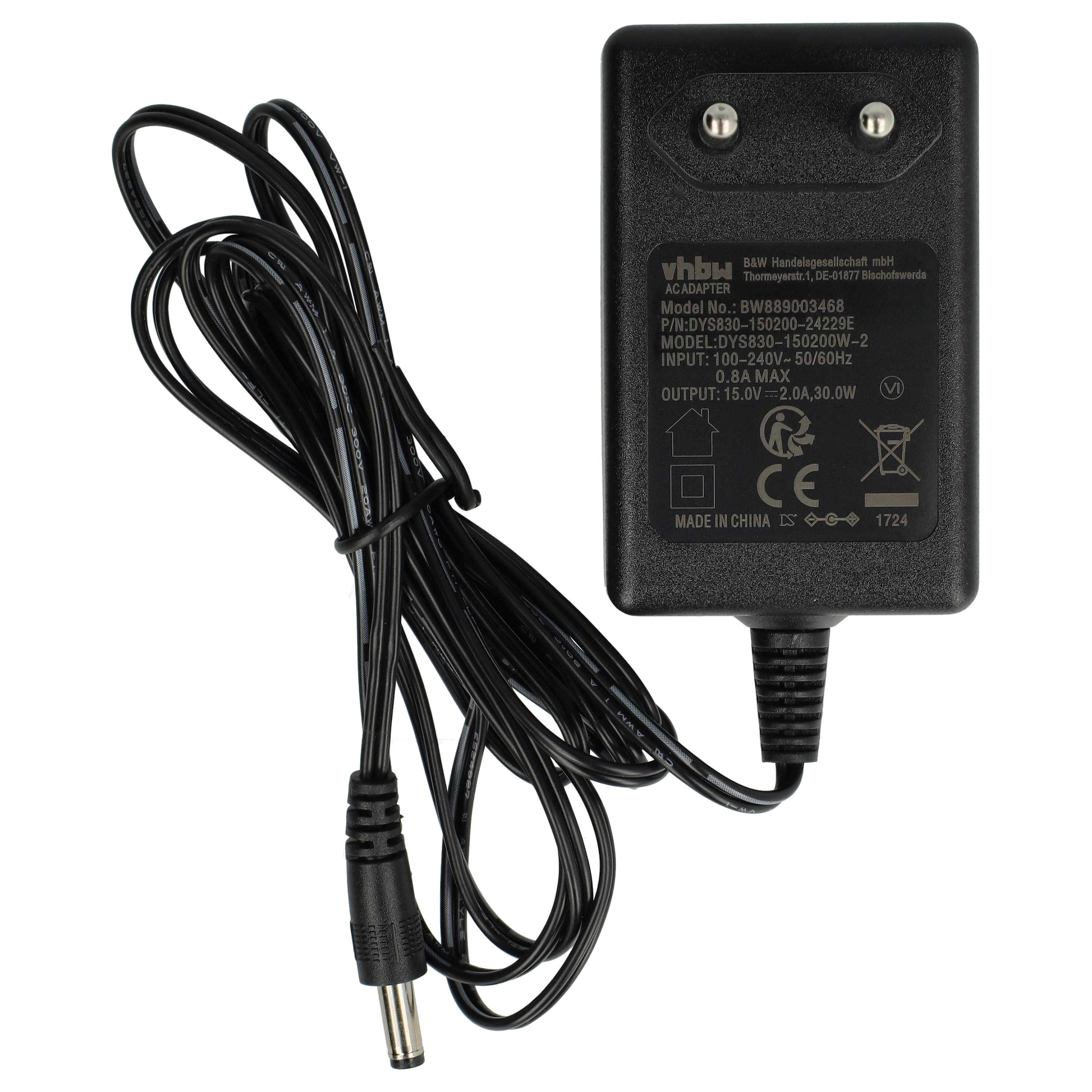 Schwarzes AC-Adapter mit schwarzem Kabel. Der Adapter hat Text und Symbole auf der Oberfläche.
