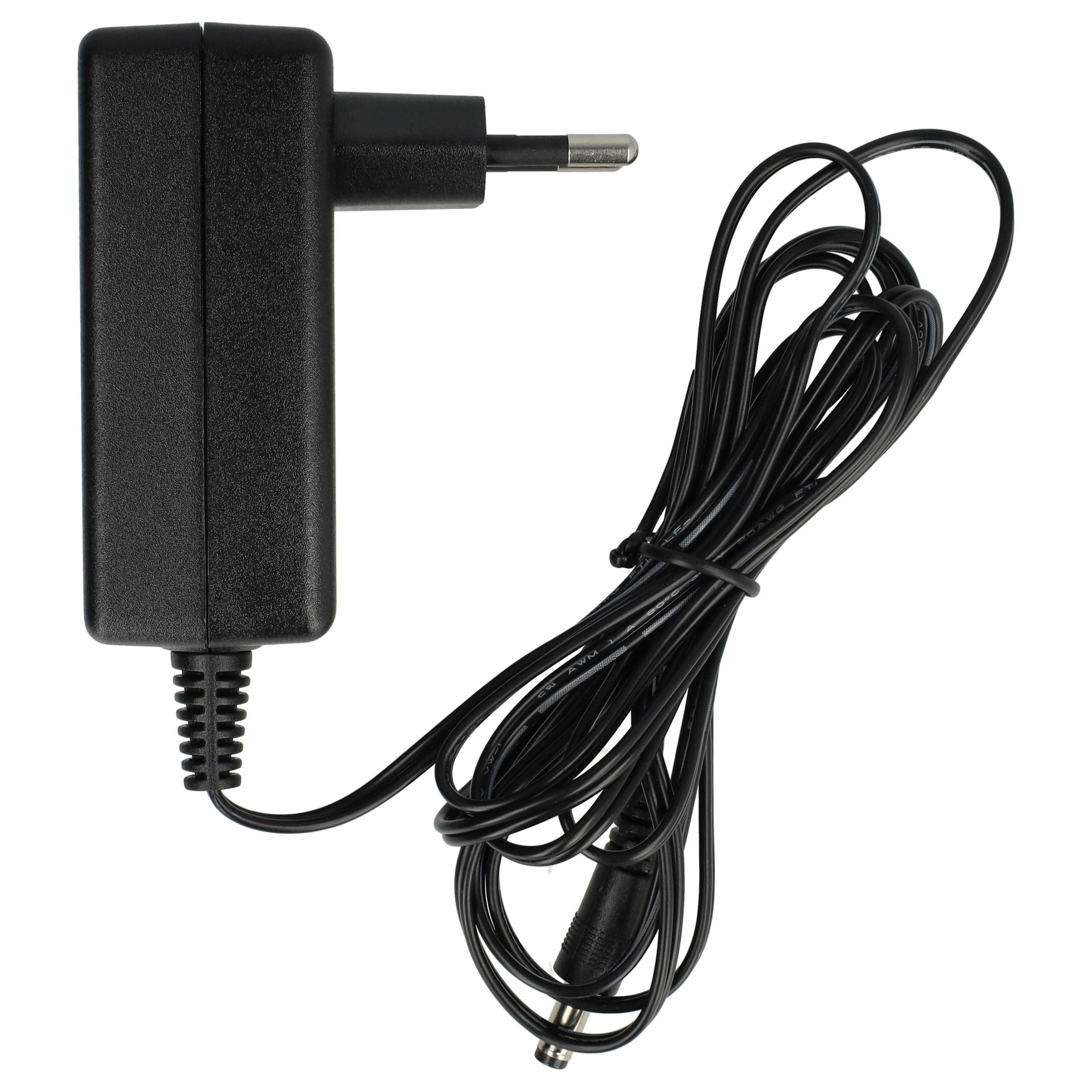 Schwarzes Netzteil mit Stecker und langem schwarzem Kabel. Adapter links, Kabel rechts aufgerollt.