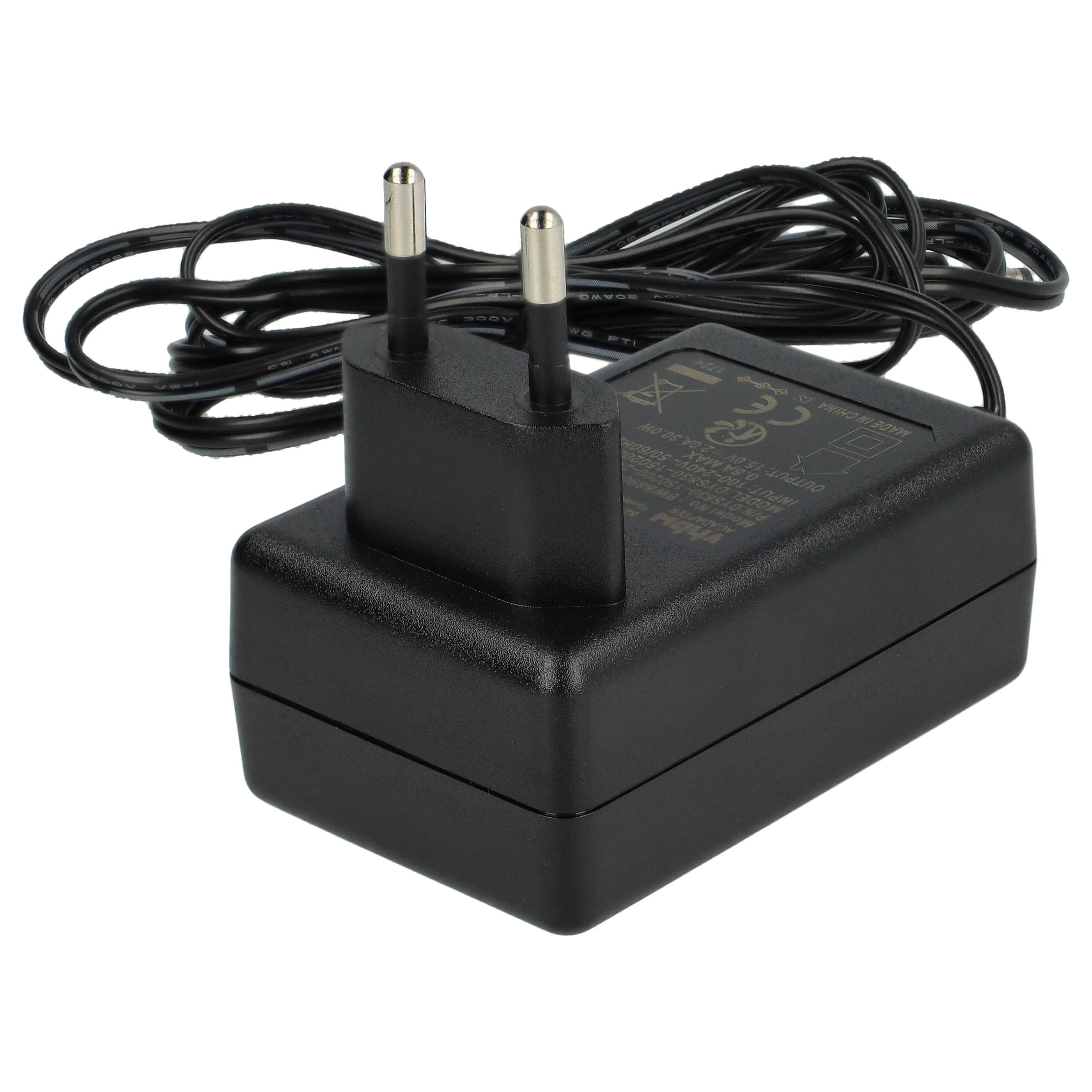 Ein schwarzer Netzadapter mit Stecker und schwarzem Kabel. Der Adapter hat Text darauf.