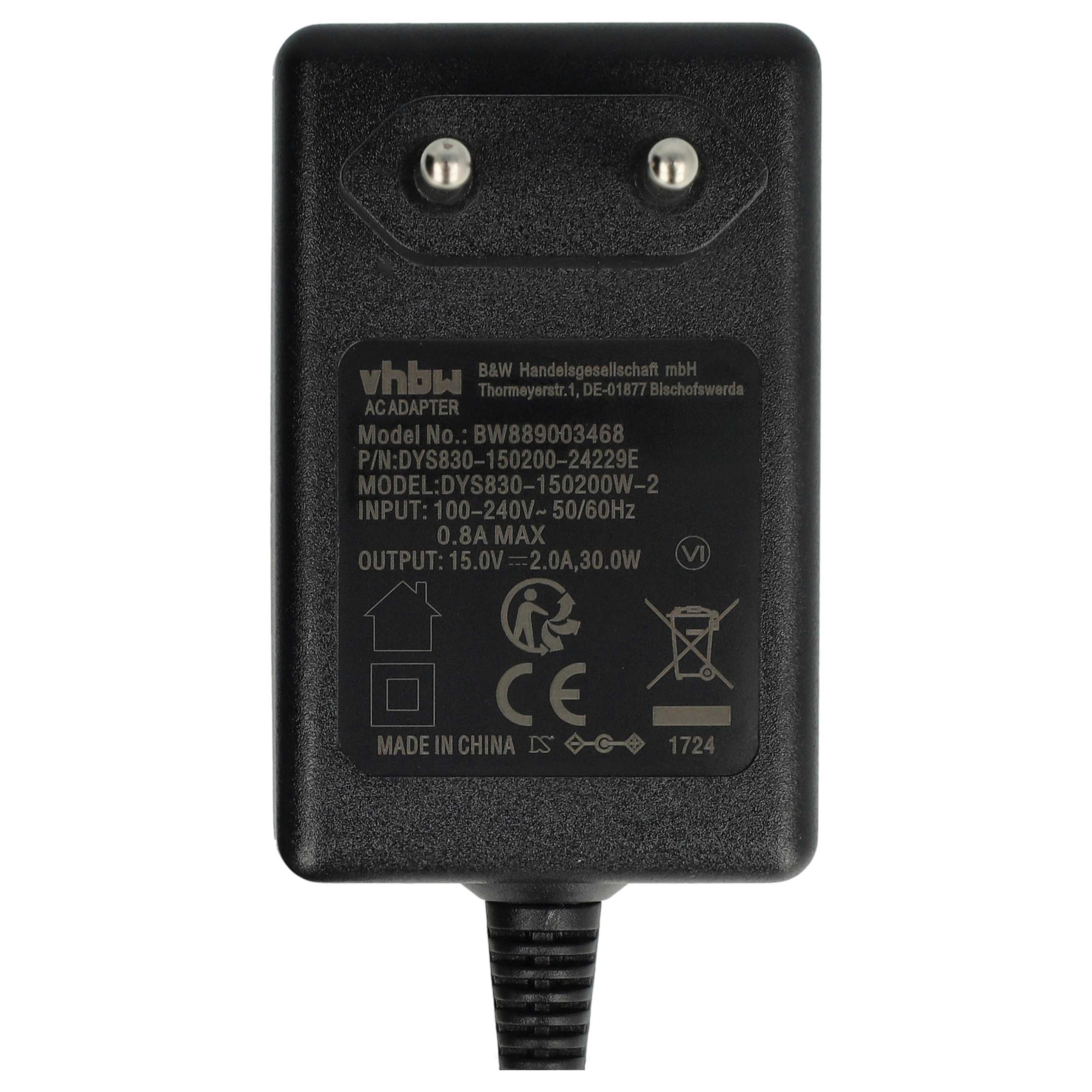 Schwarzer AC-Adapter mit Stiften und Netzkabel. Er hat Text mit Modell-, Eingangs- und Ausgangsdetails.