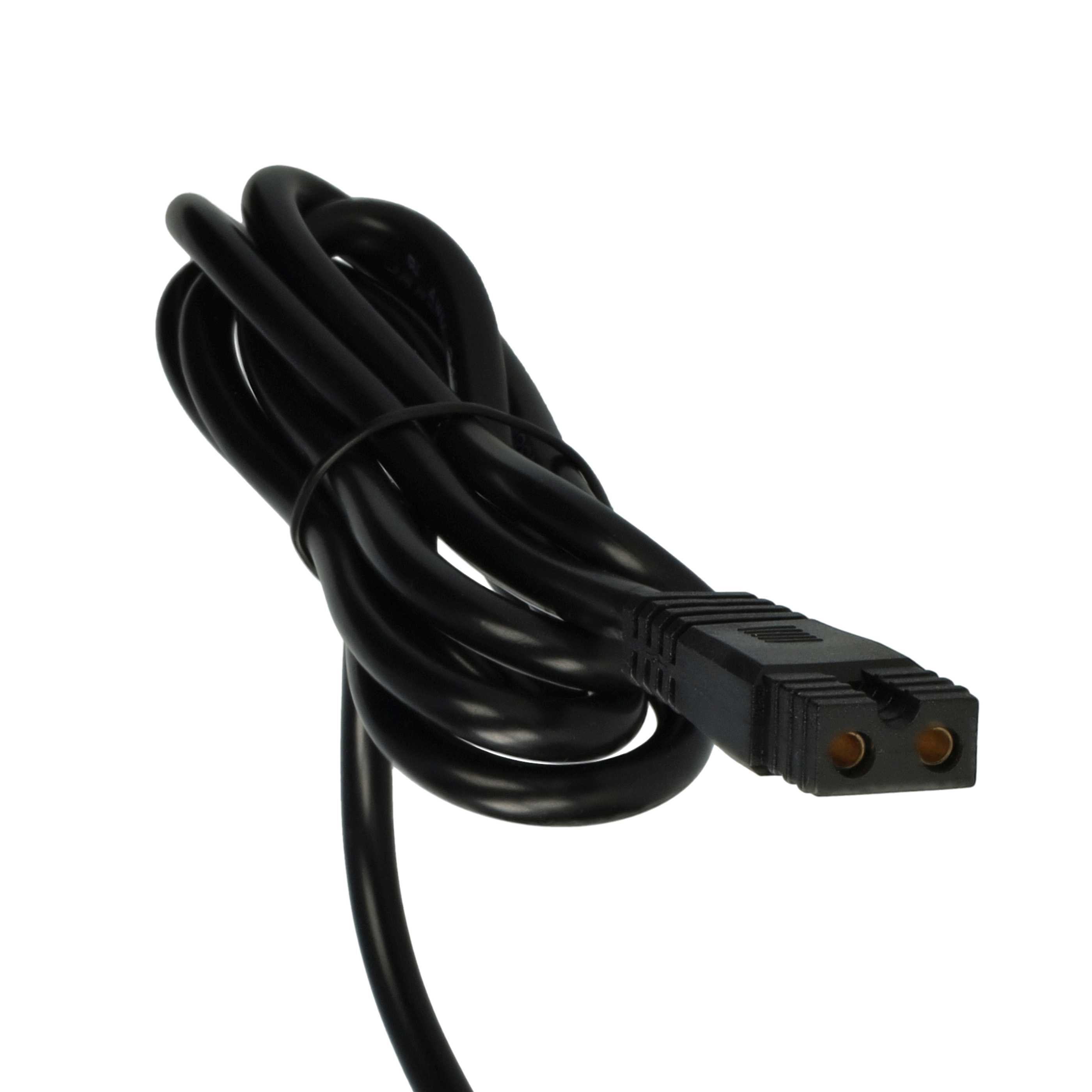 Ein schwarzes Netzkabel mit einem zweipoligen Stecker wird vor einem weißen Hintergrund gezeigt. Das Kabel ist aufgerollt.