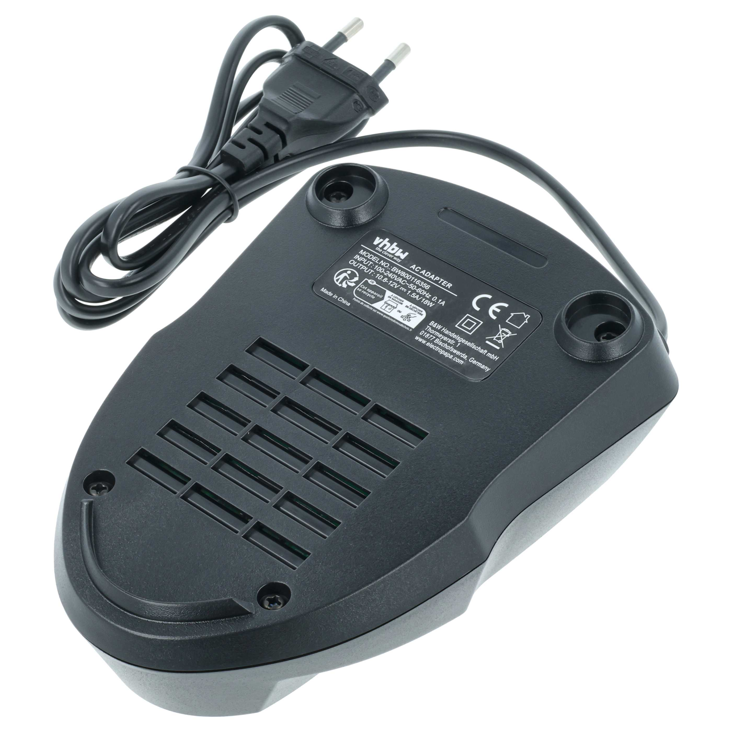 Schwarzer AC-Adapter mit Netzkabel und Stecker. Es hat ein Etikett mit Text.