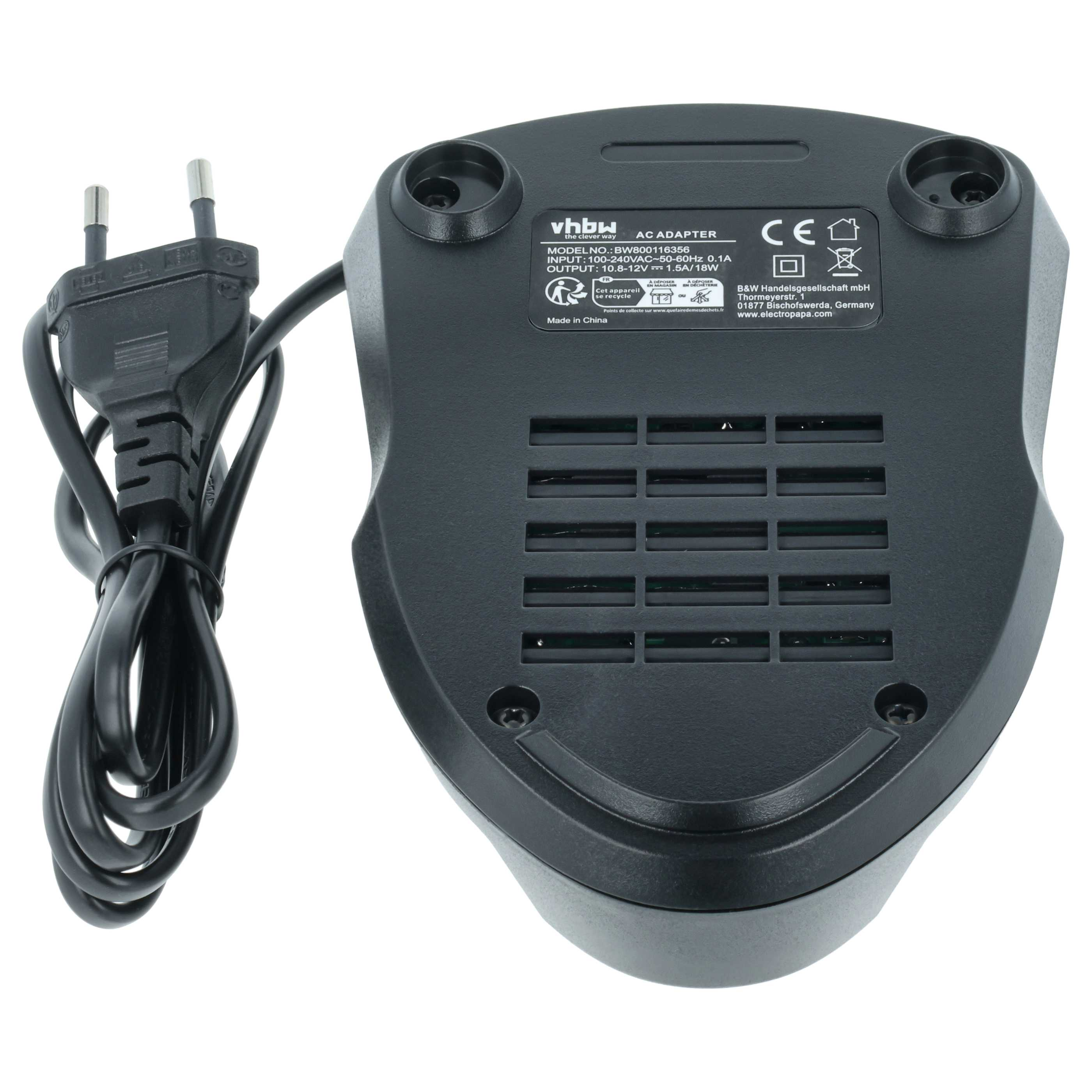 Schwarzes AC-Adapter mit Stecker und Kabel. Es hat eine Entlüftung und mehrere Markierungen auf der Oberfläche.