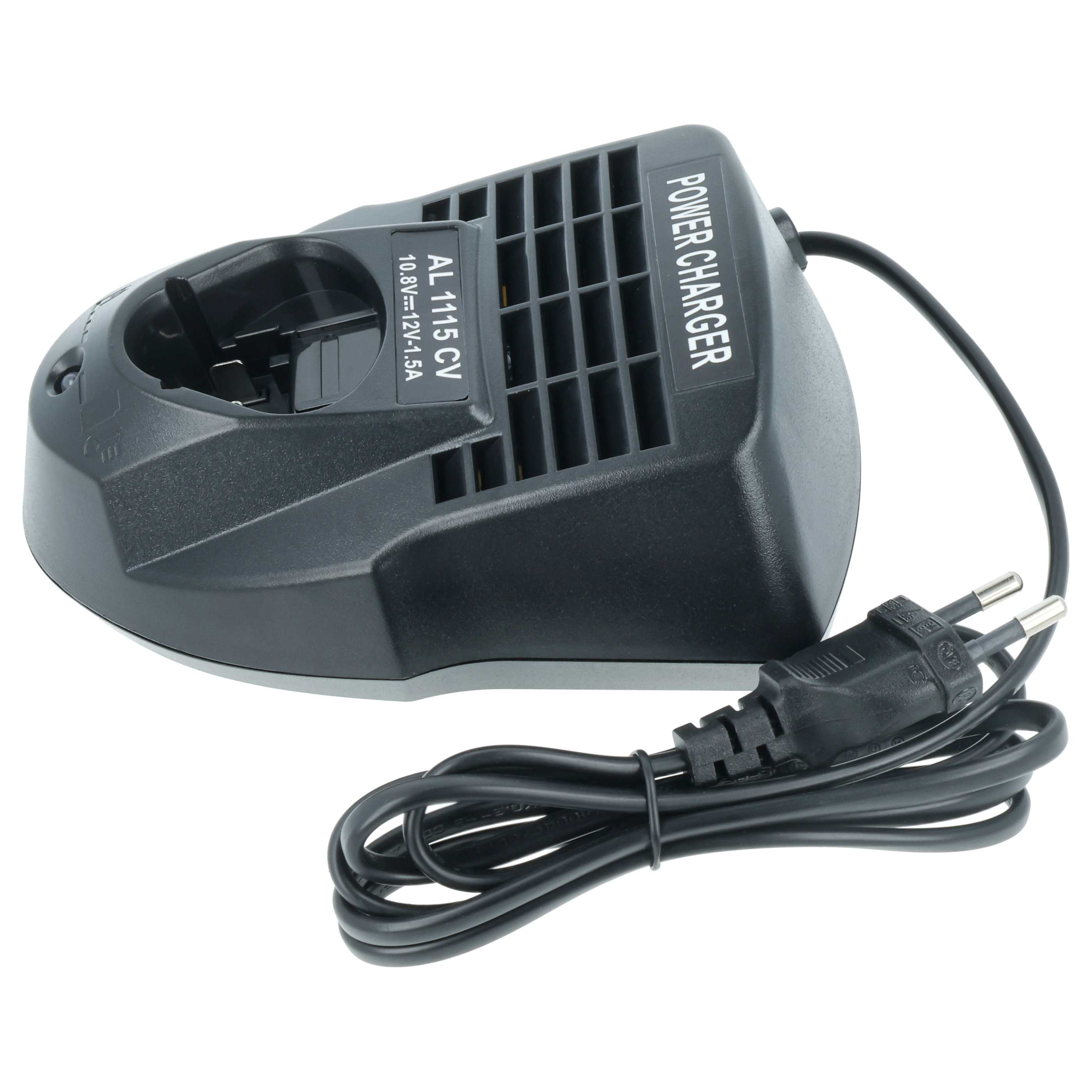 Ein schwarzes Ladegerät mit Kabel und Stecker. Das Ladegerät hat ein Gitter und Text mit 'POWER CHARGER'.