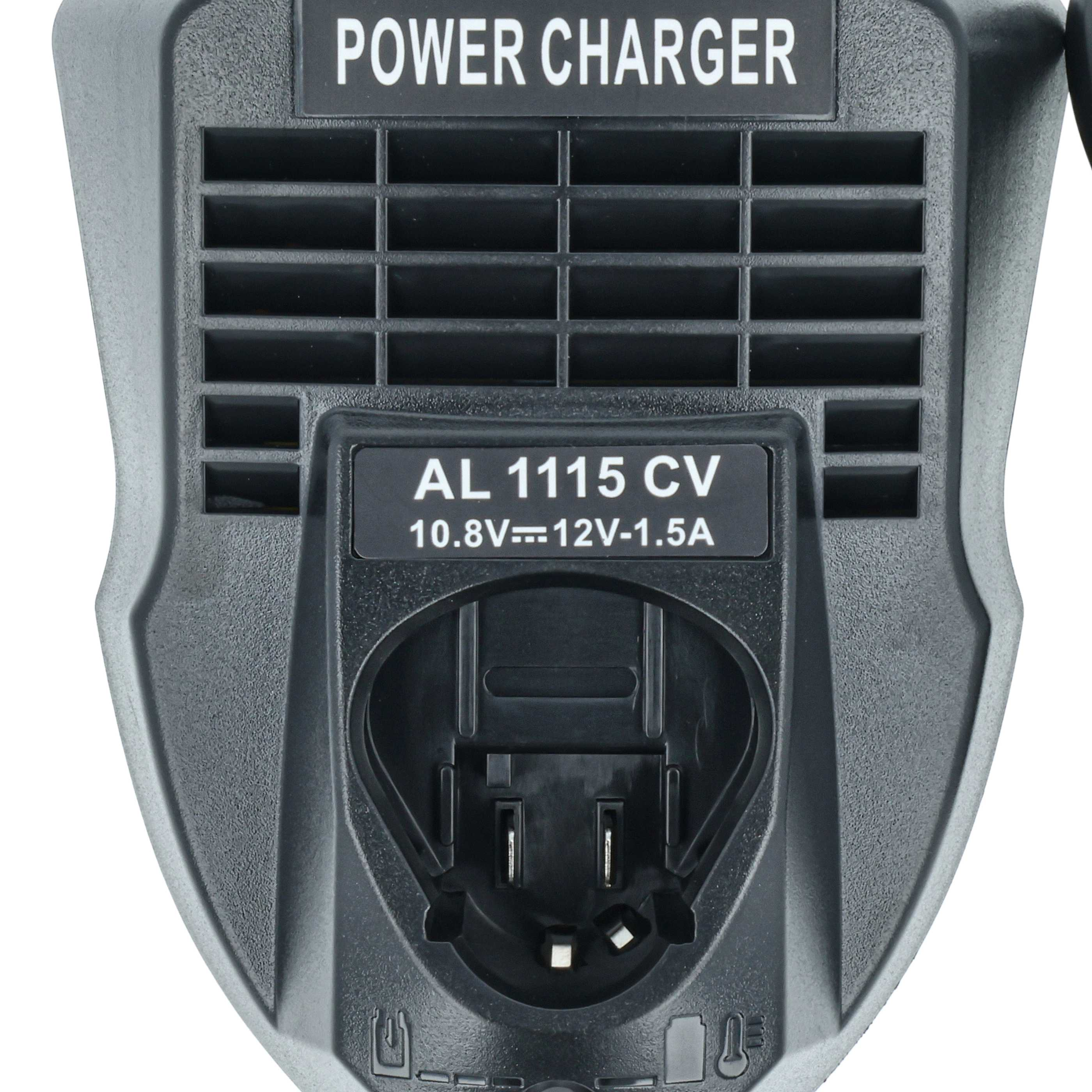 Schwarzes Ladegerät mit weißem Text. Der Text enthält 'POWER CHARGER' und 'AL 1115 CV 10.8V==12V-1.5A'.