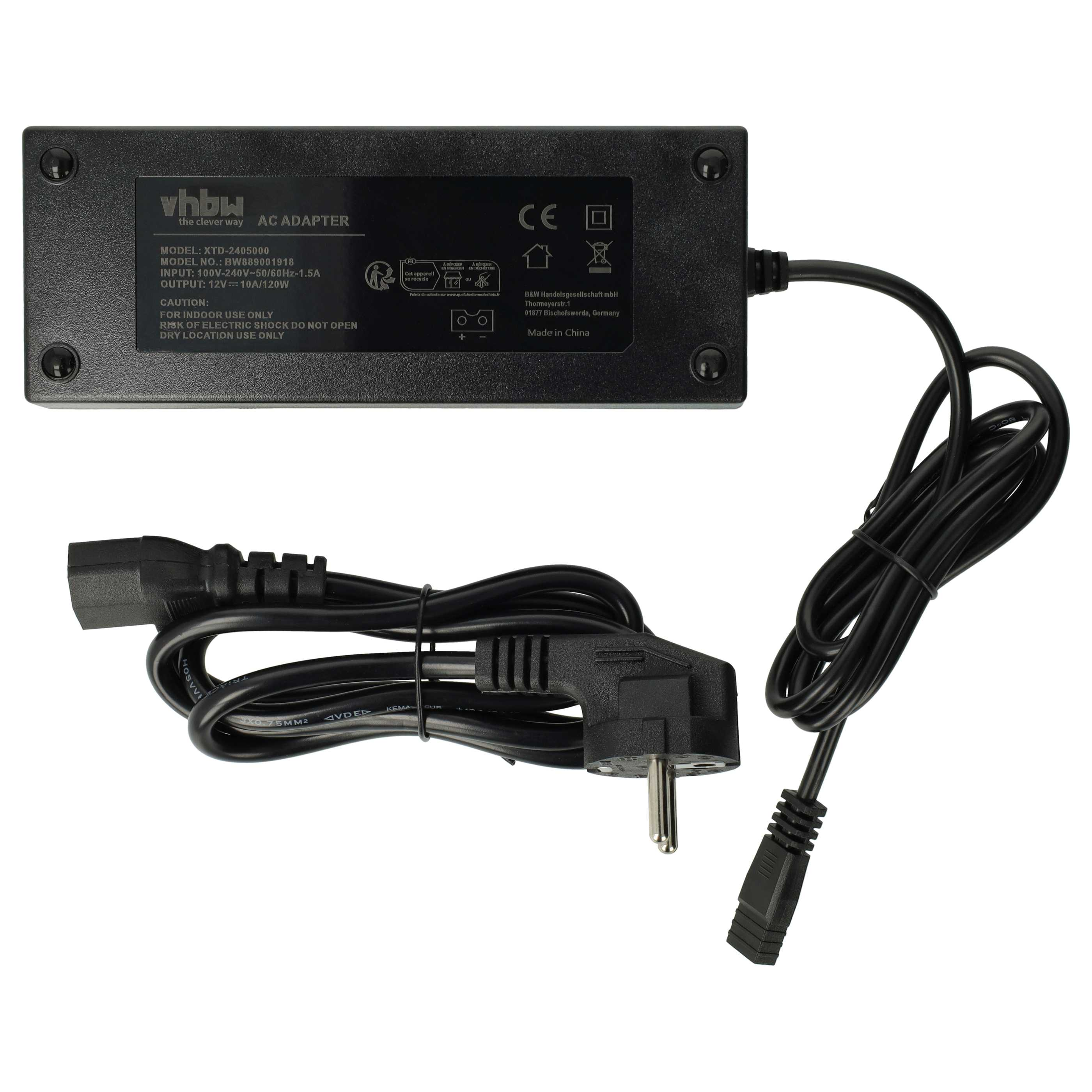 Schwarzer AC-Adapter mit Netzkabel und Stecker. Text enthält Modell- und Leistungsdaten.