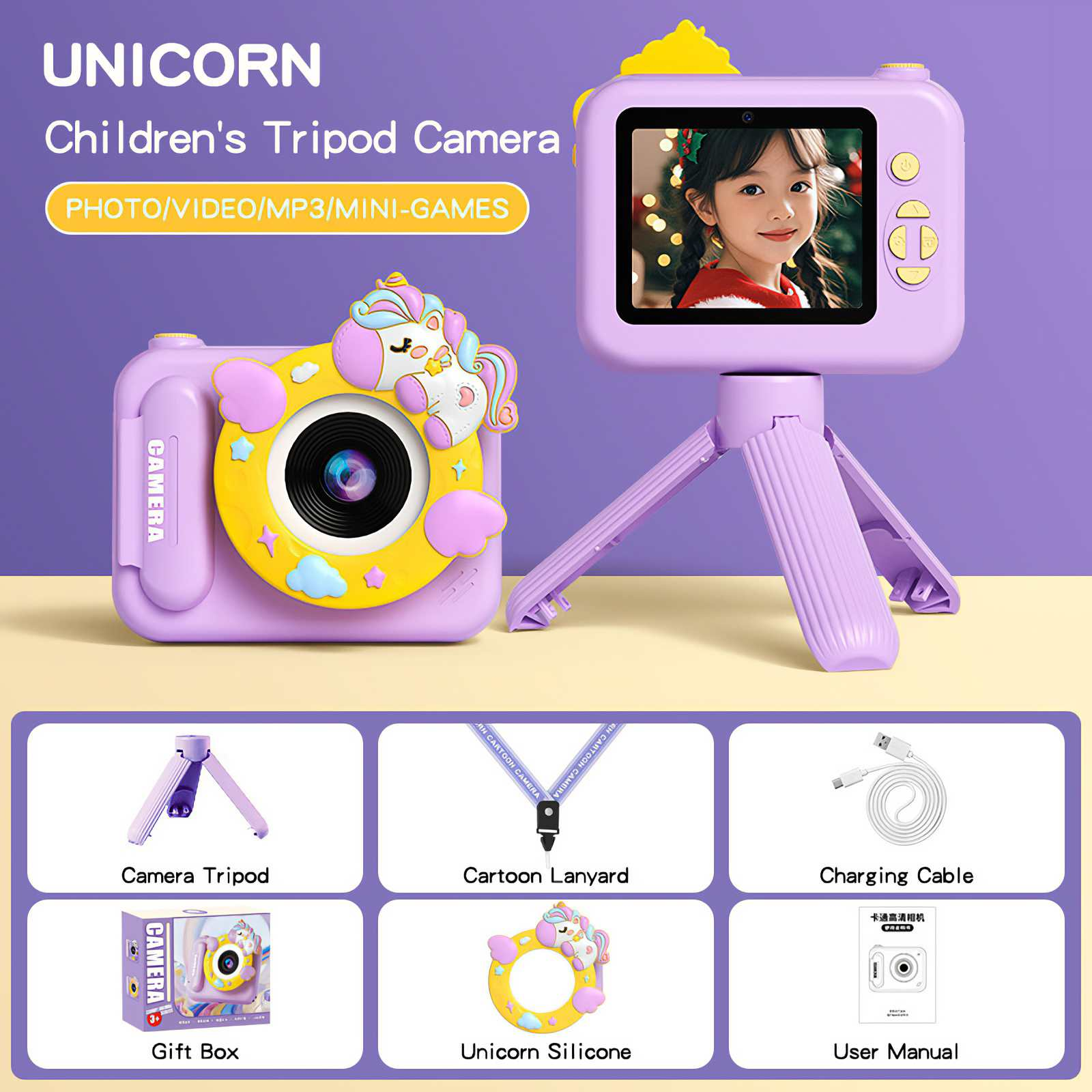 Eine lila Einhorn-Kinderkamera mit Zubehör: Stativ, Schlüsselband, Ladekabel, Geschenkbox, Silikonring und Handbuch.