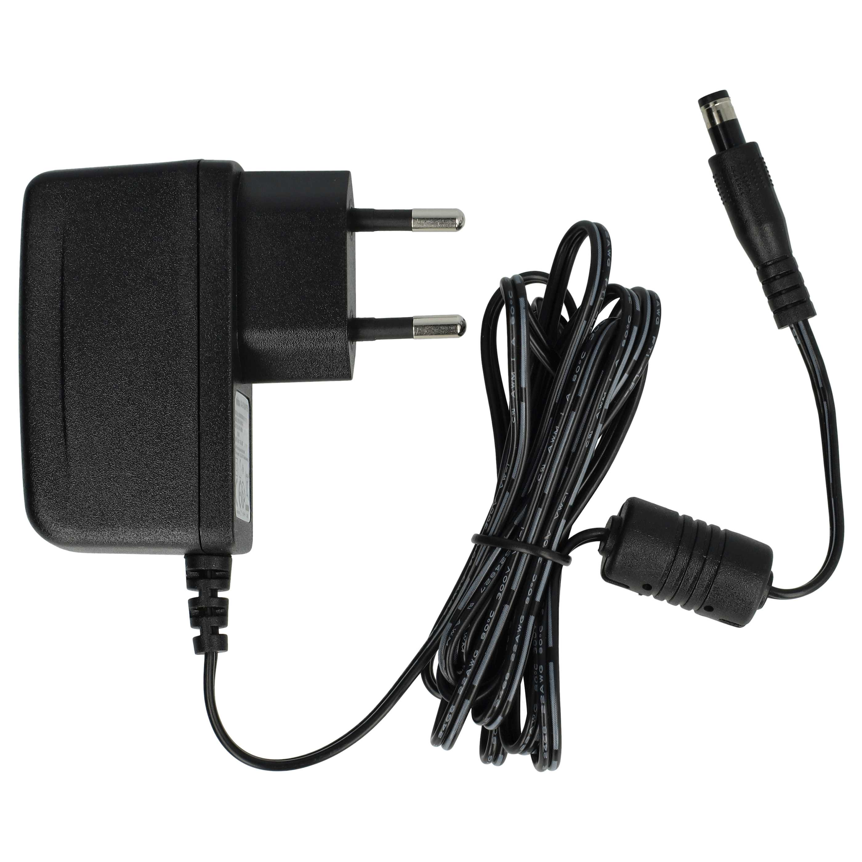 Ein schwarzes Netzteil mit Stecker, Kabel und Stecker auf weißem Hintergrund.