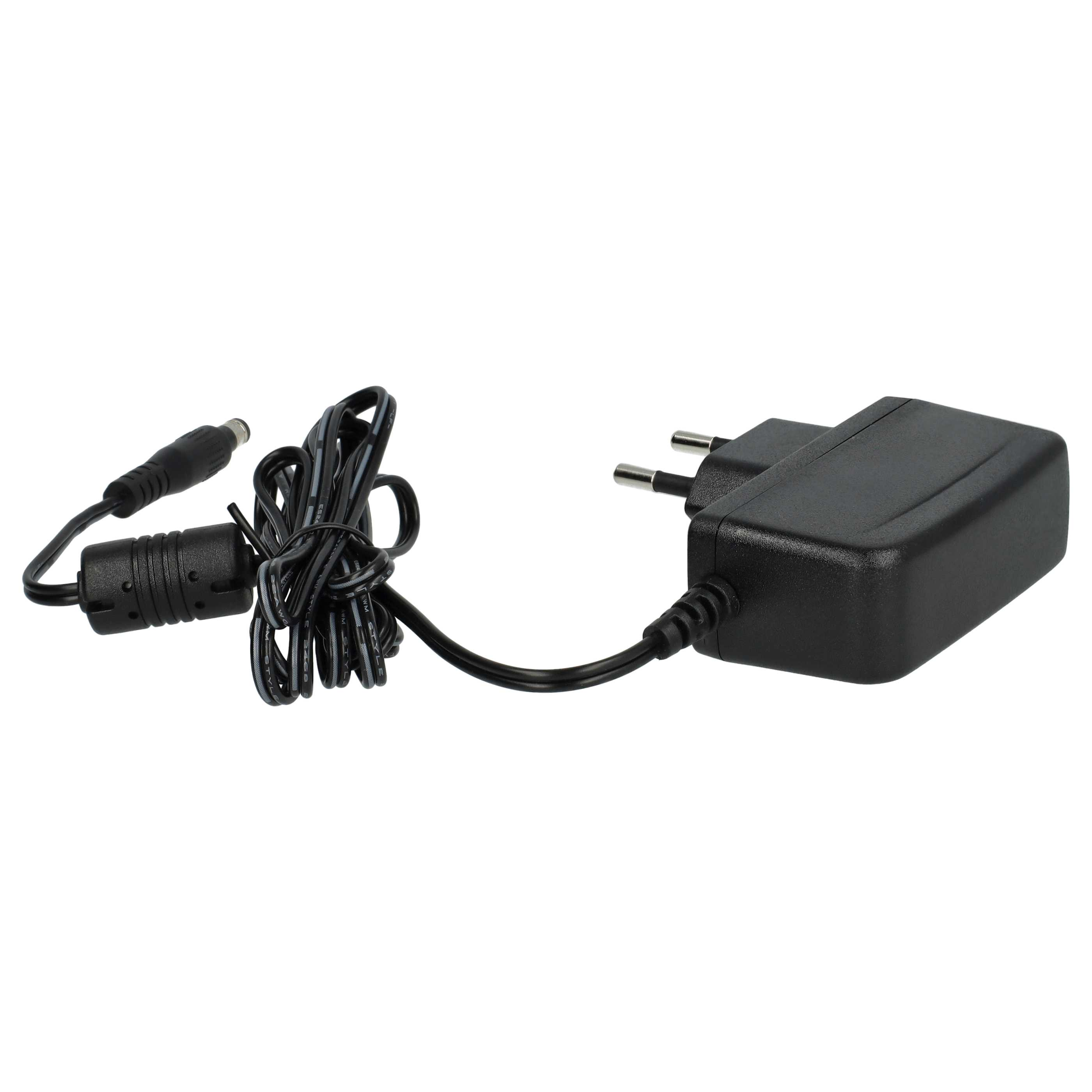 Ein schwarzes Netzteil mit Stecker und DC-Anschluss mit schwarzem Kabel auf weißem Hintergrund.