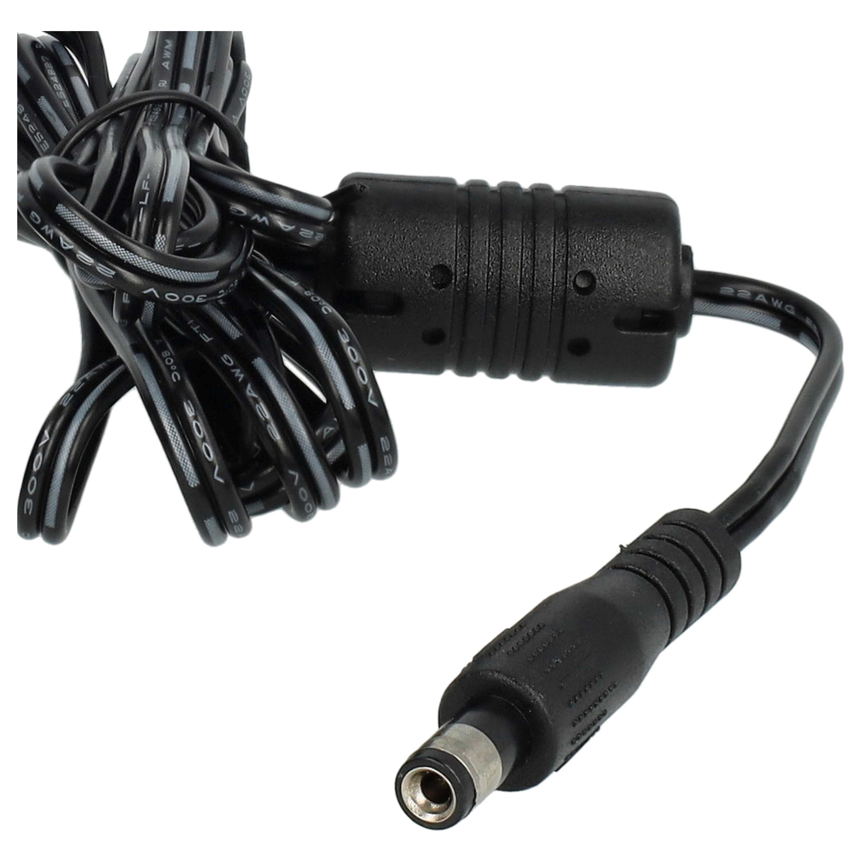 Ein schwarzes Netzteil mit gewickeltem Kabel. Es hat einen zylindrischen Mittelteil und einen Gleichstromanschluss.