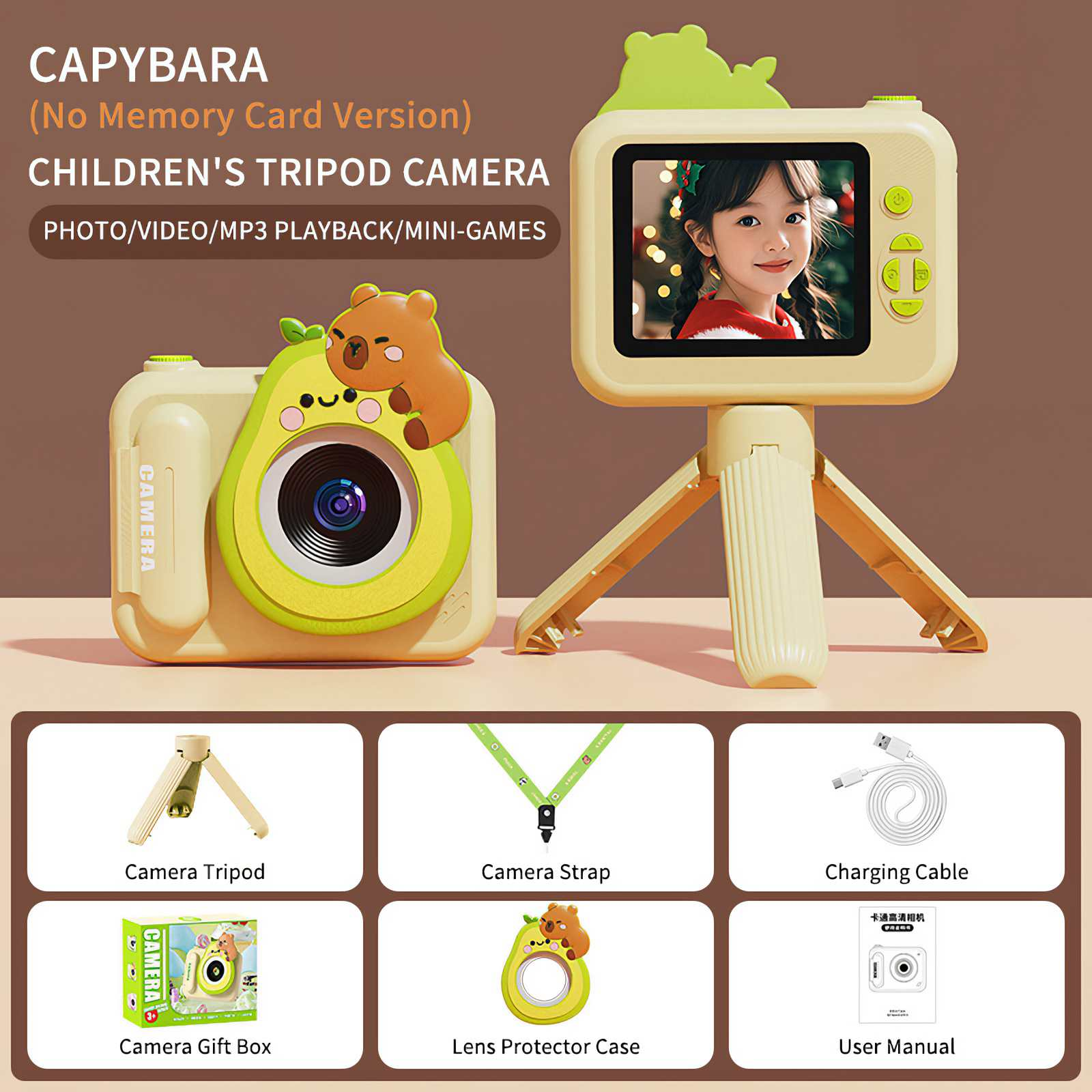 Eine Kinderkamera im Avocado-Design mit Bildschirm, der ein Mädchen zeigt. Zubehör: Stativ, Gurt, Kabel und Hülle.