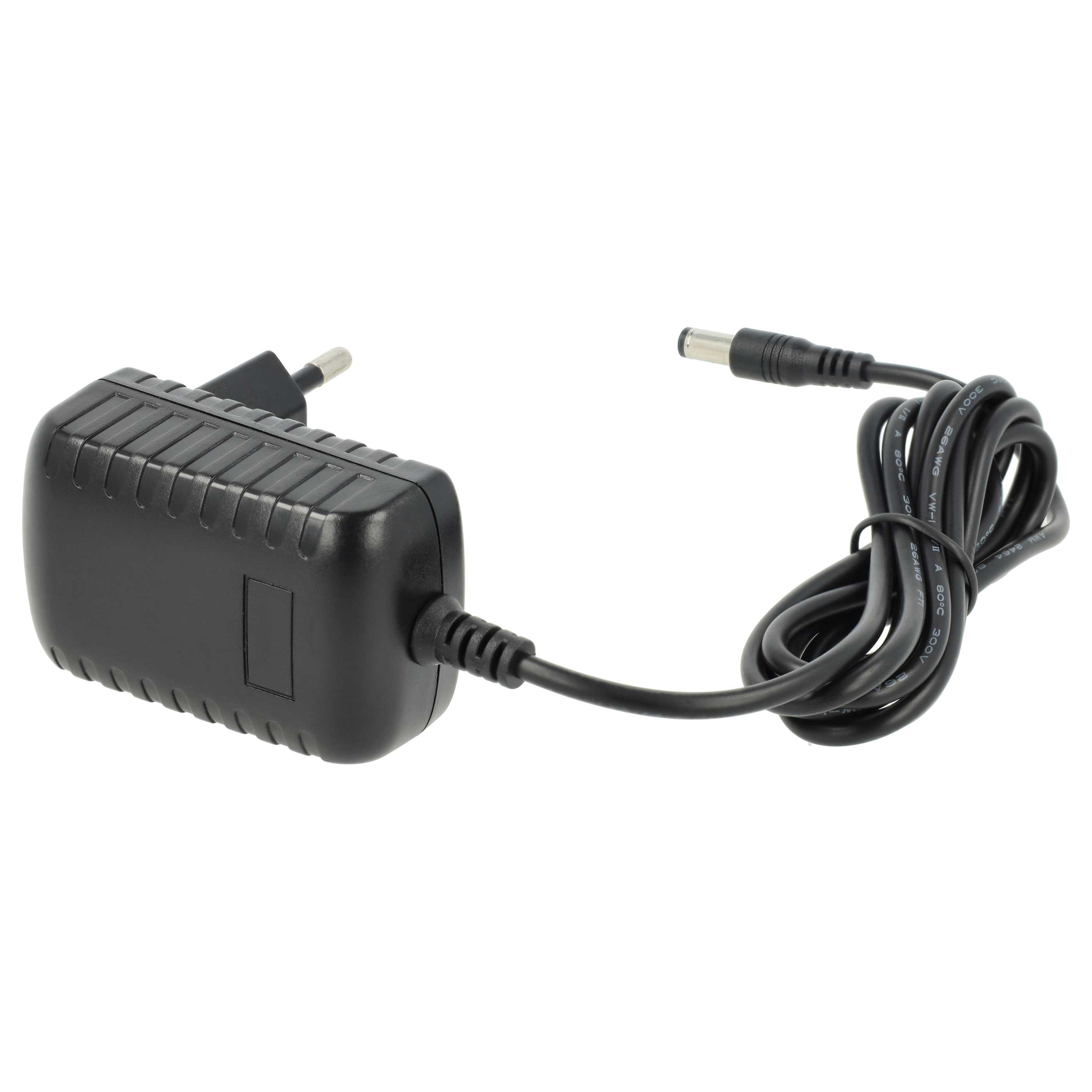 Schwarzes Netzteil mit Kabel. Der Adapter hat einen Stecker und einen Gleichstromanschluss. Weißer Hintergrund.