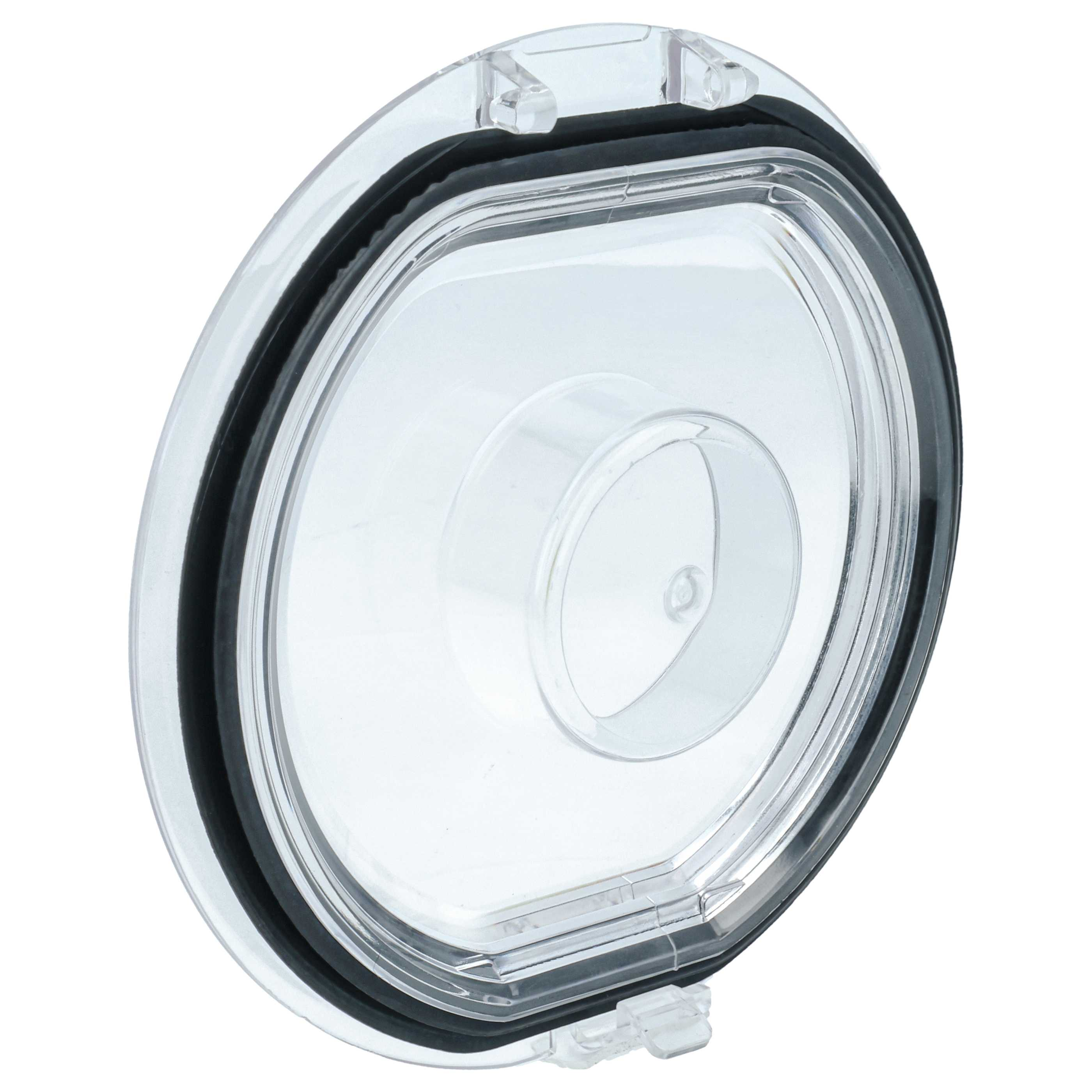 Transparenter Kunststoff, kreisförmiger Deckel mit schwarzer Gummidichtung. Zwei transparente Kunststofflaschen sichern den Deckel.