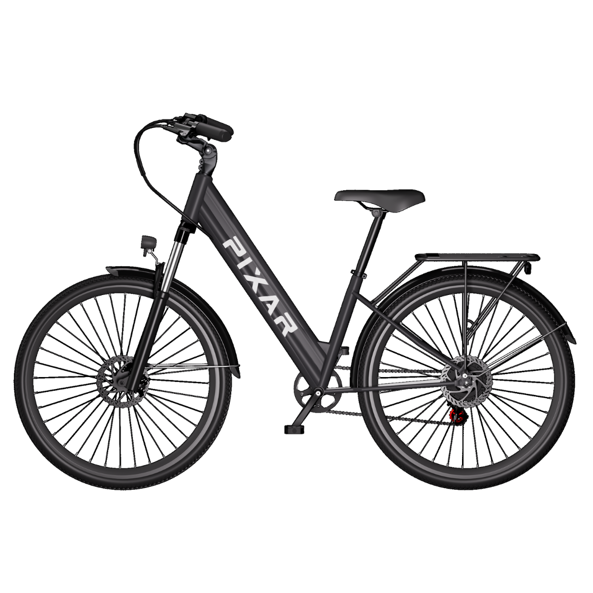 Czarny rower elektryczny "PIXAR" pokazany z boku. Ma czarną ramę, koła i siodełko. Tło jest białe.