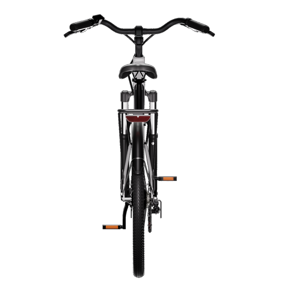 Czarny rower na białym tle. Widoczna kierownica, siodełko i opony. Tylne światło roweru jest czerwone.