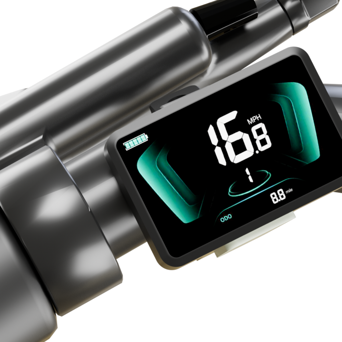 Wyświetlacz cyfrowy pokazuje 16,8 MPH, żywotność baterii i 8,8 mil. Jest zamontowany na metalowej konstrukcji.