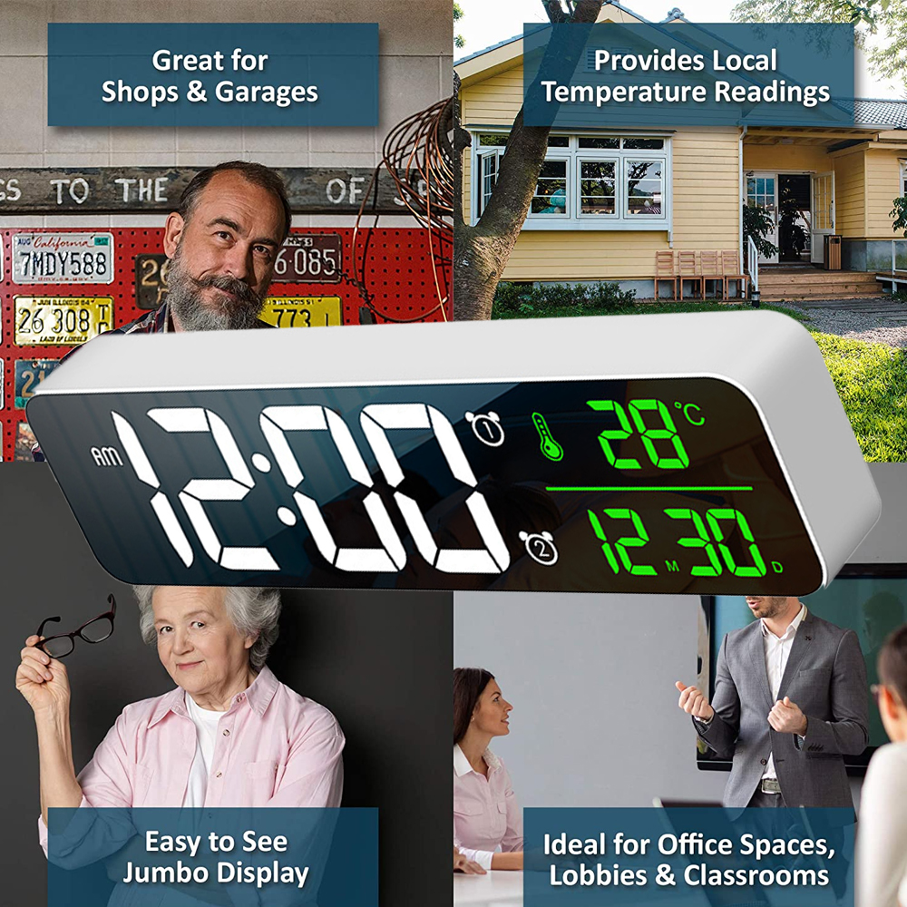 Digitaluhr mit Anzeige von Zeit und Temperatur. Menschen in verschiedenen Umgebungen werden gezeigt, von Geschäften bis zu Büros. Es hat ein großes Display.