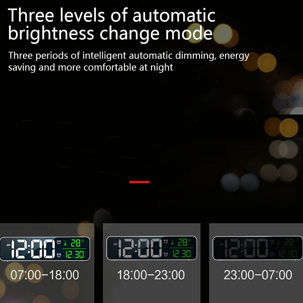 Das Bild zeigt eine Uhr mit drei Anzeigemodi: 12:00, Temperatur, Datum und Zeitbereiche. Text lautet: 'Drei Stufen der automatischen Helligkeitsänderung'.