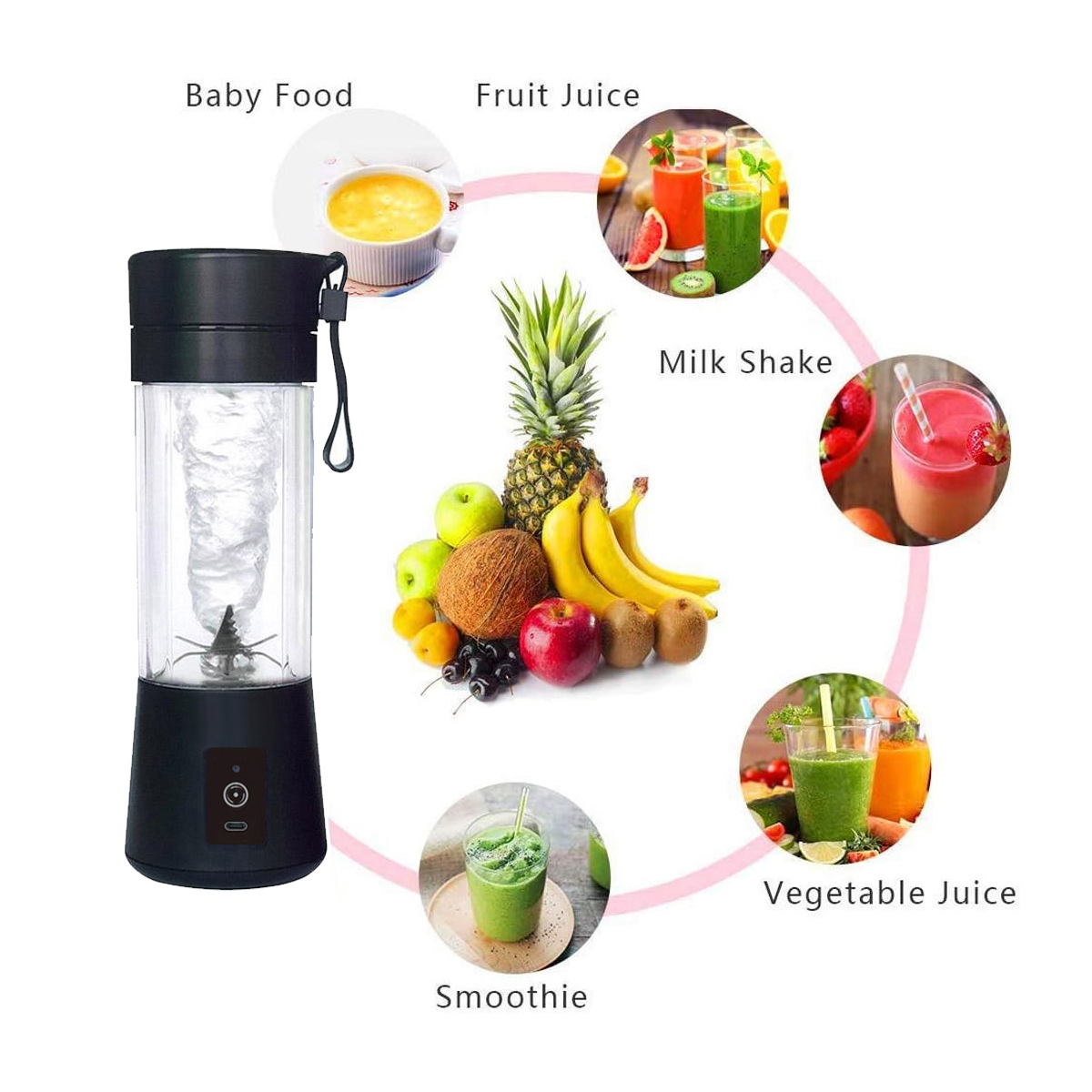 Ein Mixer neben Früchten und Getränken. Enthält Ananas, Bananen, Kiwi, Äpfel, Kokosnuss und Säfte wie Smoothie und Milchshake.