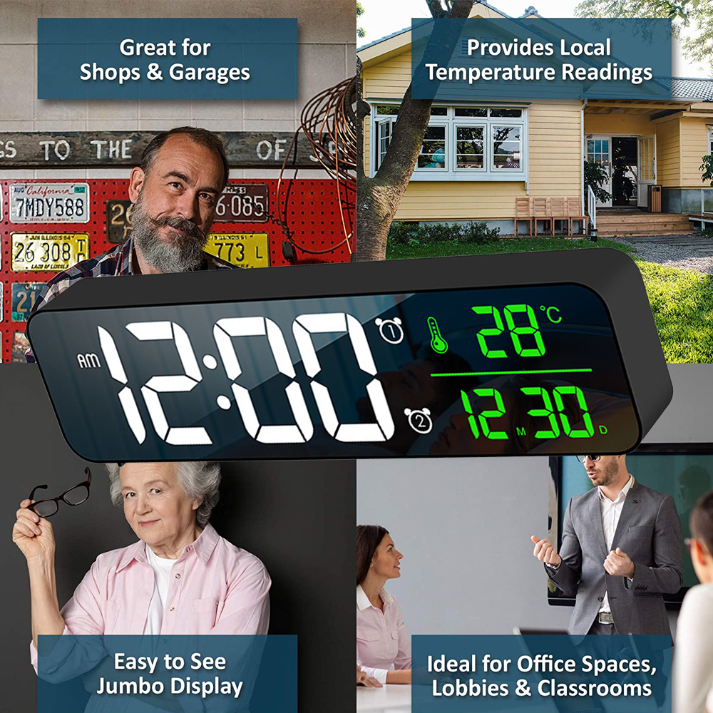 Digitaluhr zeigt 12:00 Uhr und 28°C. Bilder zeigen einen Mann, ein Haus, eine Frau mit Brille und Menschen im Büro.