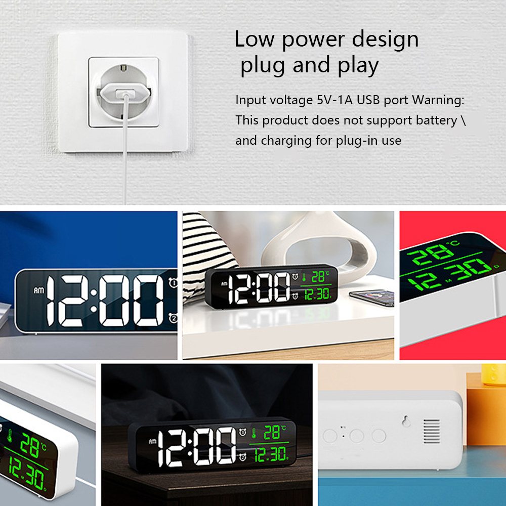 Digitale Wecker mit Anzeige von Uhrzeit und Temperatur, mit USB-Stecker und Text über Low-Power-Design.