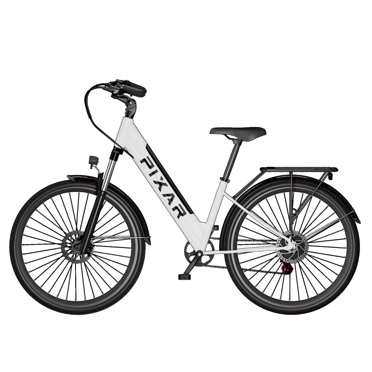 Biało-czarny rower elektryczny Pixar z czarnym siodełkiem, kołami i kierownicą na białym tle.