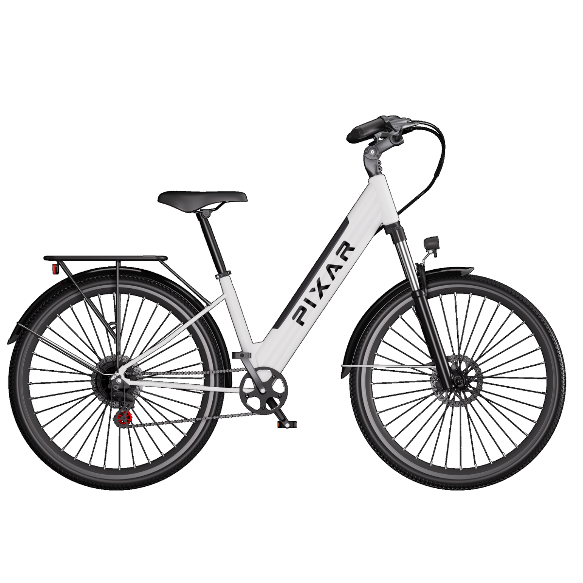 Biały rower elektryczny z czarnymi oponami i komponentami. Rower ma napis 'PIXAR' na ramie. Z tyłu znajduje się bagażnik.