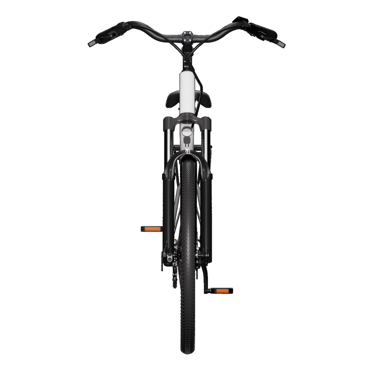 Widok z przodu czarno-białego roweru z czarną kierownicą i czarną oponą. Widoczne są pomarańczowe pedały.