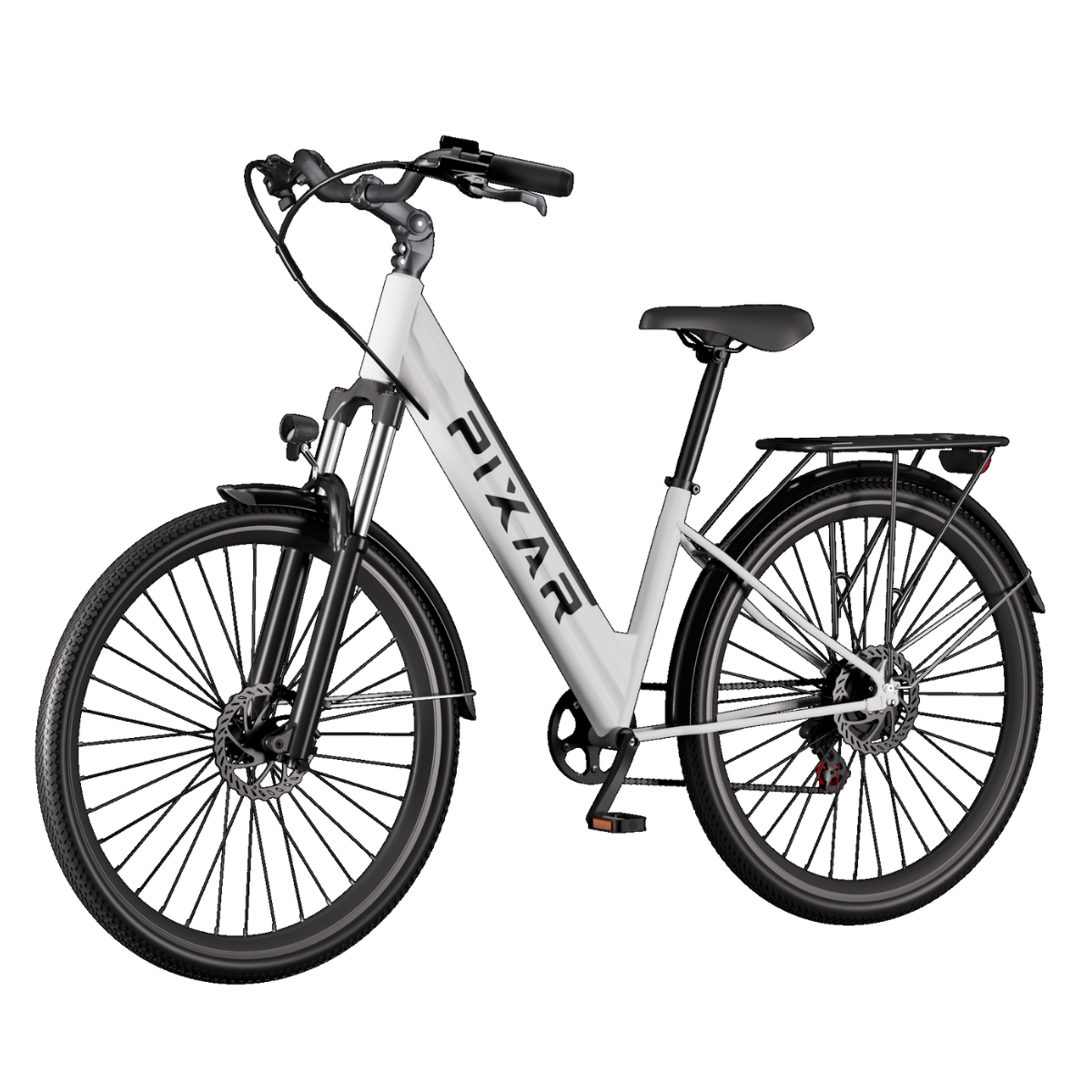 Biało-czarny rower elektryczny z napisem 'PIXAR' na ramie. Ma czarne opony, czarne siodełko i bagażnik.