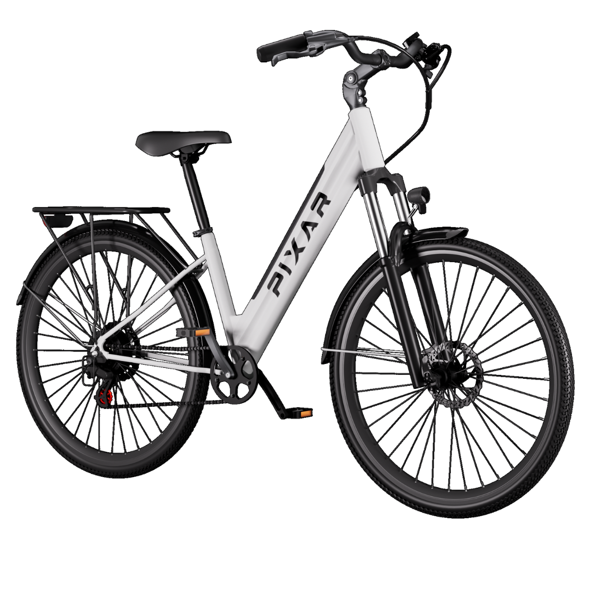 Biało-czarny rower elektryczny z marką 'PIXAR'. Posiada czarne siodełko, koła i błotniki. Widoczny łańcuch i hamulce.